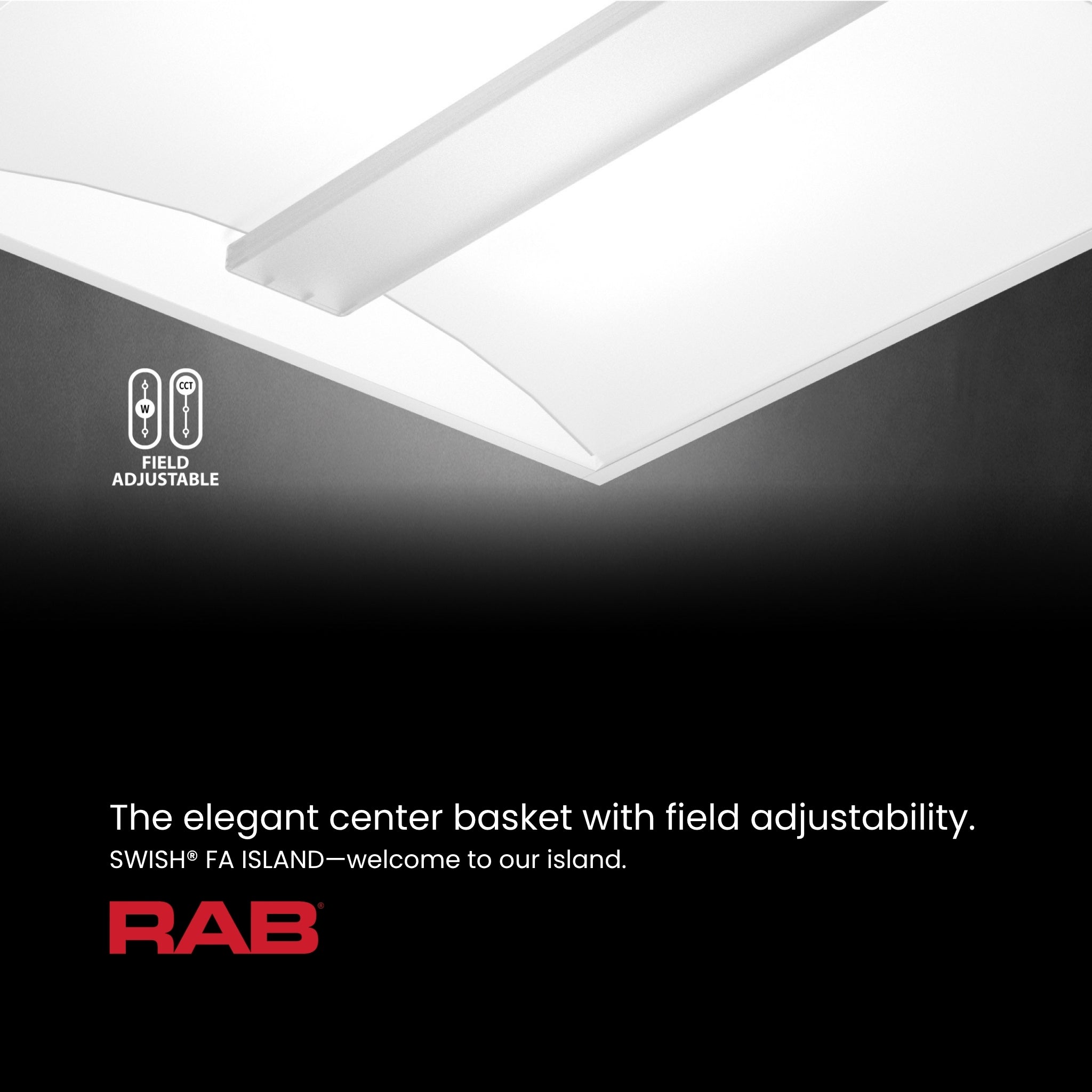 RAB SWISH Island 2x4 LED Troffer Light - Field Adjustable Center Basket