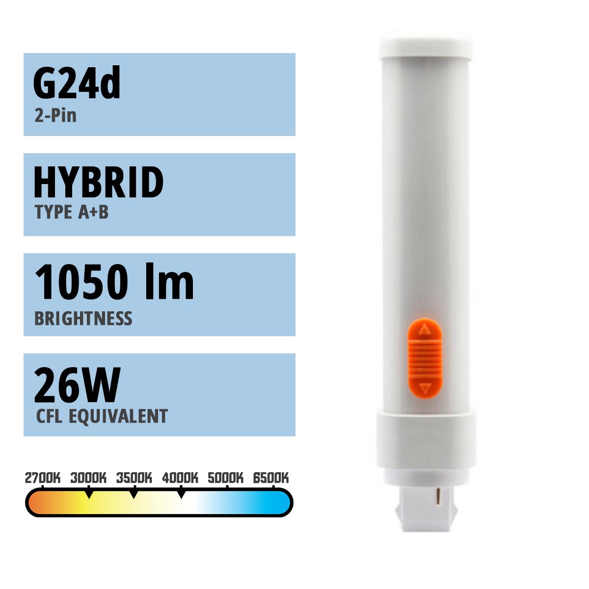 2 pin PL LED Bulb, 9 Watt 1050 Lumens, Selectable CCT 30K/35K/40K, Horizontal, Replaces 26W CFL, G24d Base, Direct Or Bypass - Bees Lighting