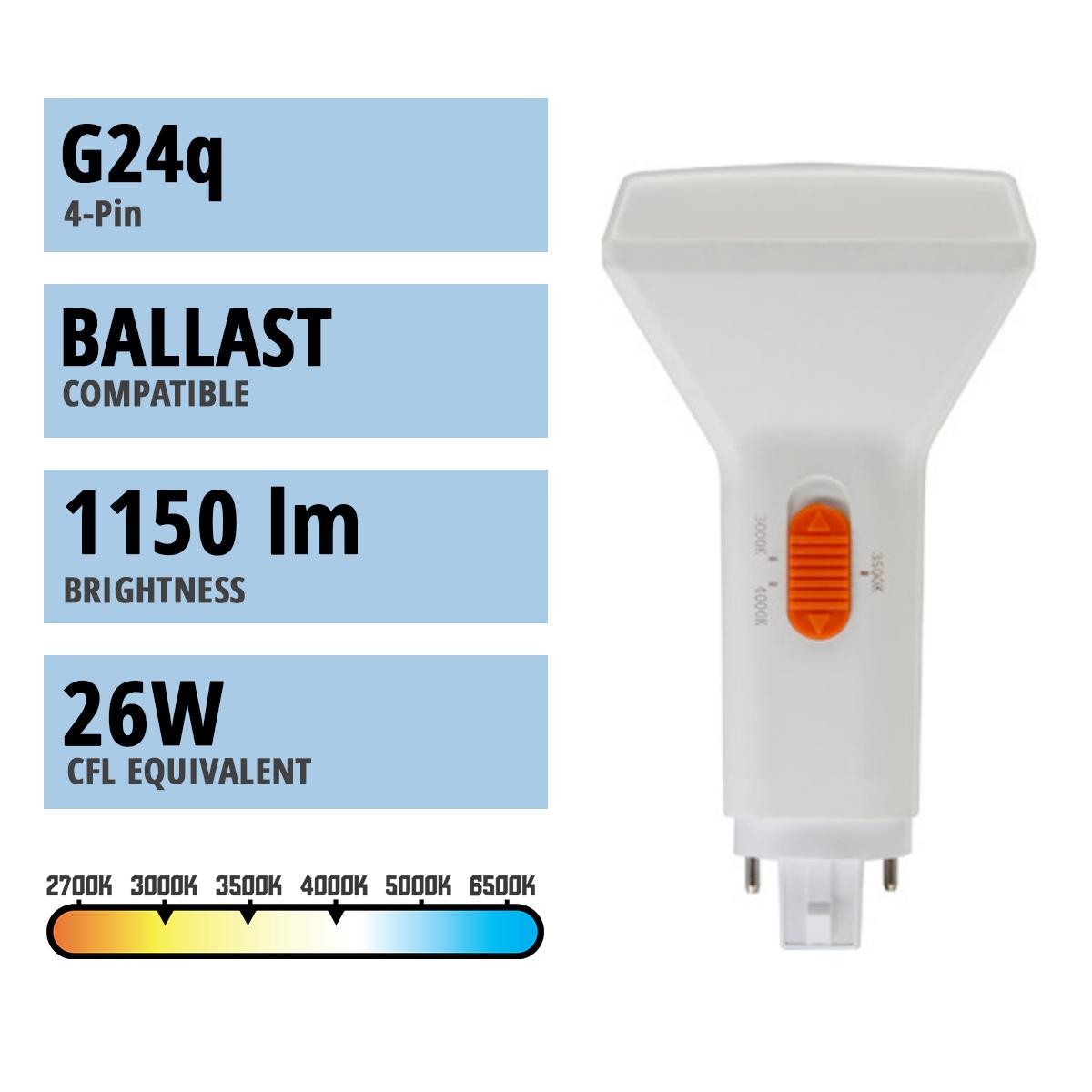 4 Pin PL LED Bulb, 10W, 1150lm, Electronic Ballast, 30K|35K|40K, G24q Base - Bees Lighting