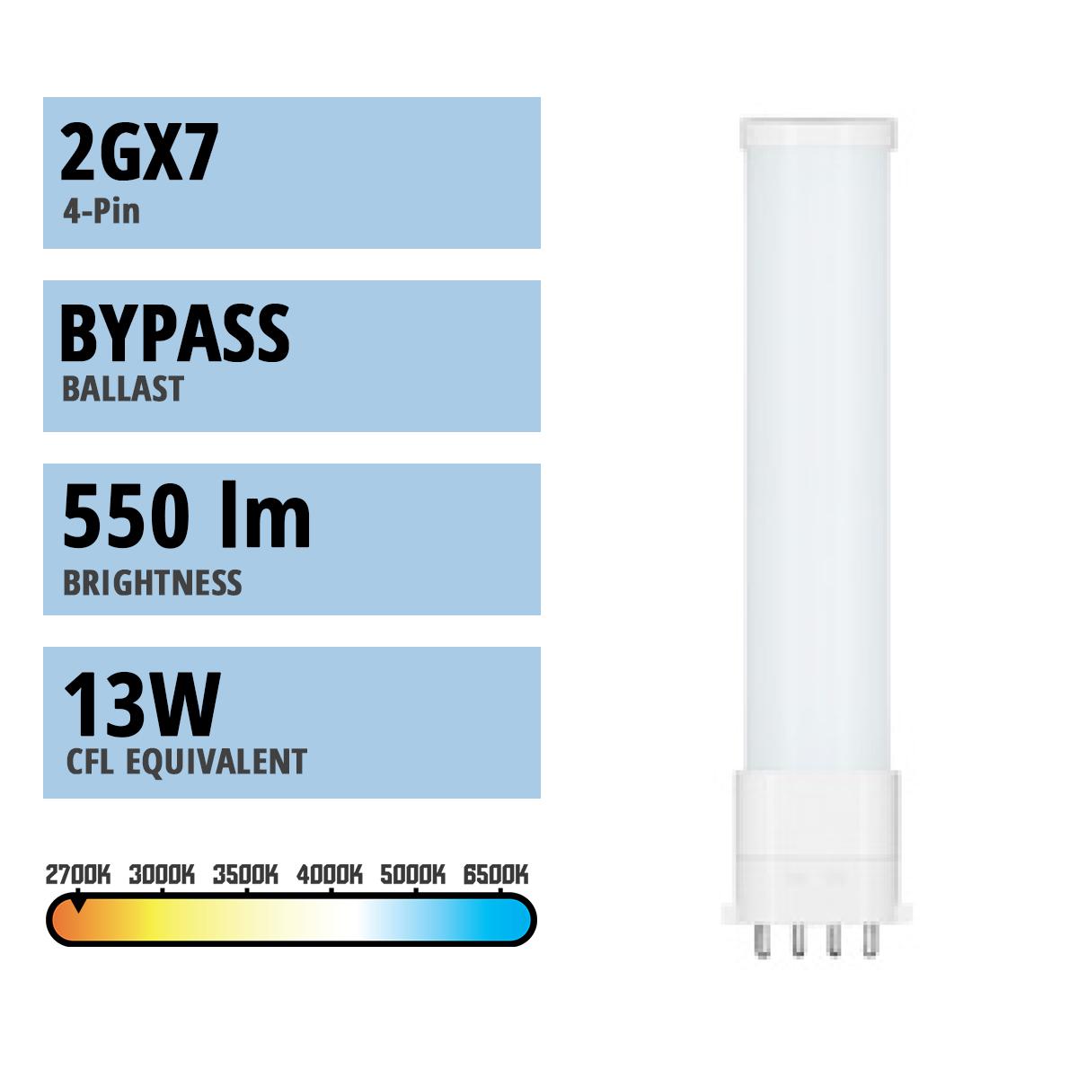 4 Pin PLL LED Bulb, 5.5 Watt 550 Lumens, 2700K, Horizontal, Replaces 13W CFL, 2Gx7 Base, Type B Ballast Bypass