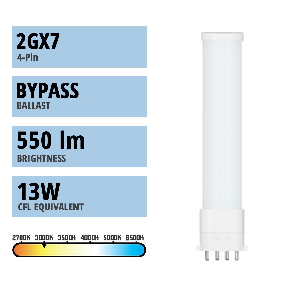 4 Pin PLL LED Bulb, 5.5 Watt 550 Lumens, 3000K, Horizontal, Replaces 13W CFL, 2Gx7 Base, Type B Ballast Bypass - Bees Lighting