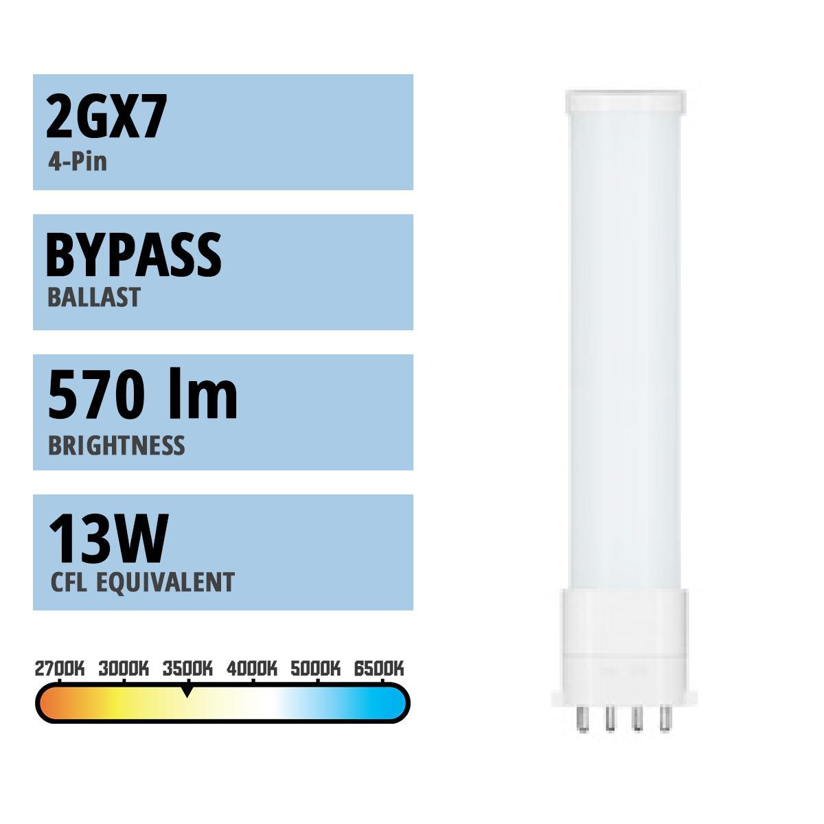 4 Pin PLL LED Bulb, 5.5 Watt 570 Lumens, 3500K, Horizontal, Replaces 13W CFL, 2Gx7 Base, Type B Ballast Bypass - Bees Lighting