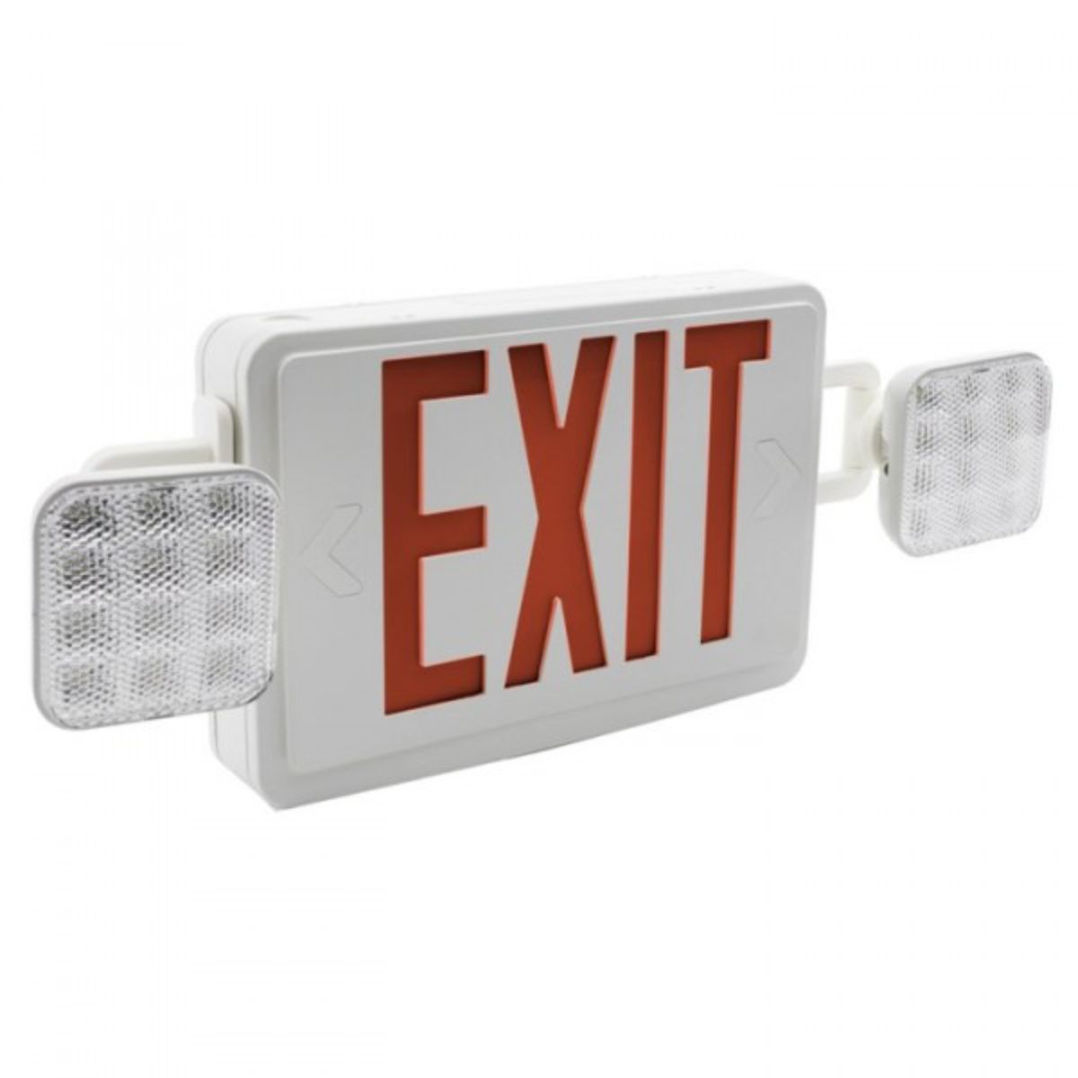 LED Combo Exit Sign, Universal Face with Red Letters, White Finish, Battery Backup Included, Square Head Lights