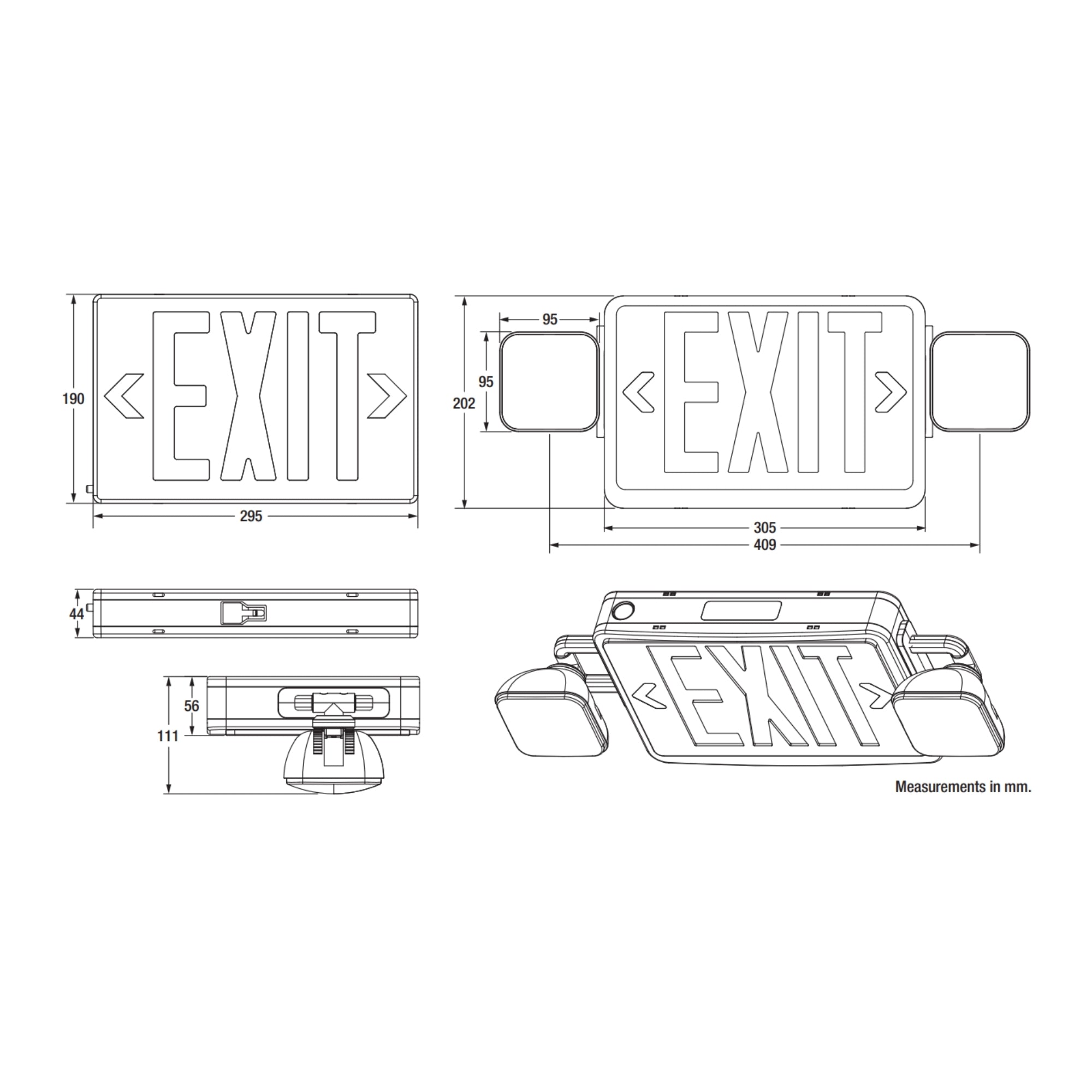 LED Combo Exit Sign, Single/Double Face, Red Letters, White - Bees Lighting