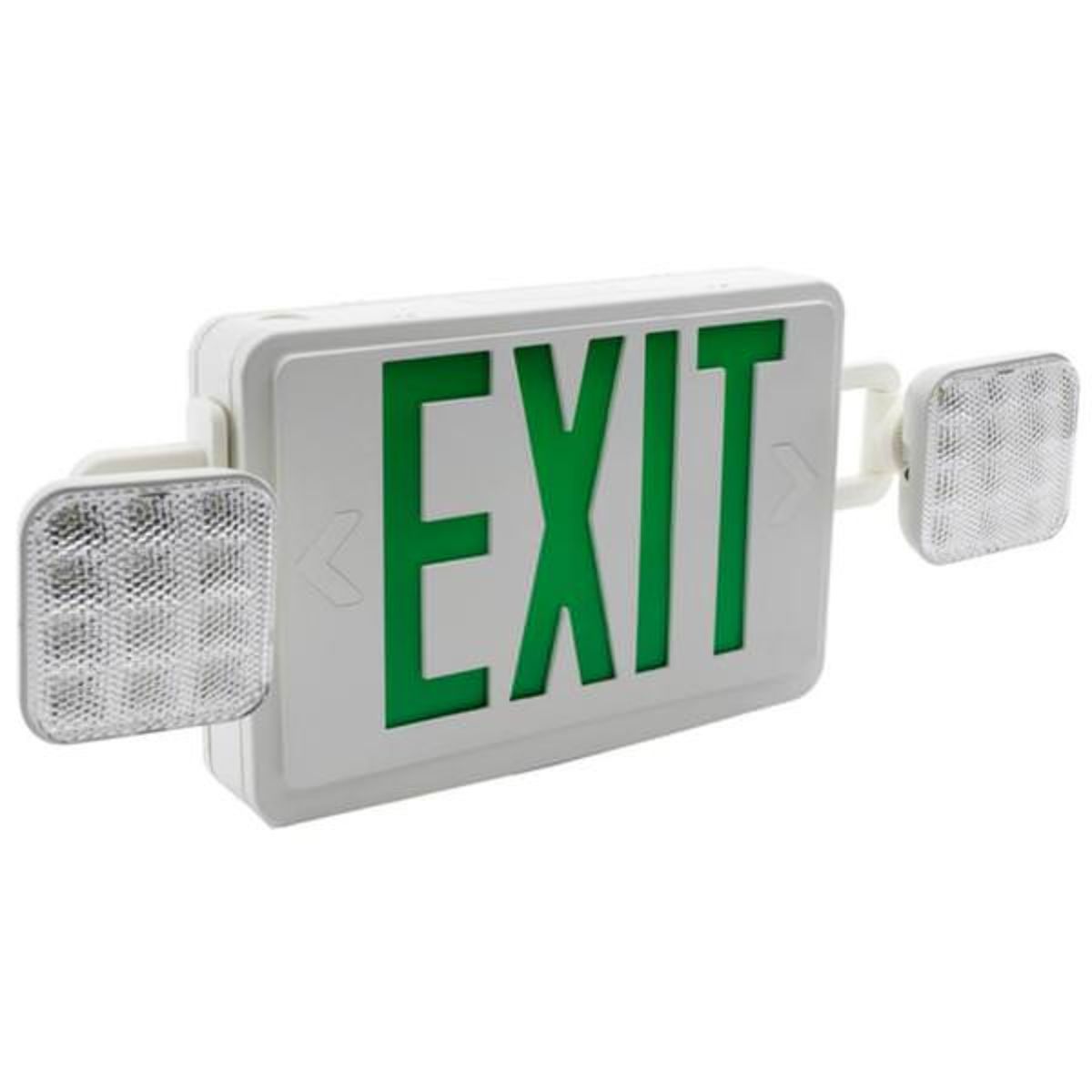 LED Combo Exit Sign, Universal Face with Green Letters, White Finish, Battery Backup Included, Square Head Lights