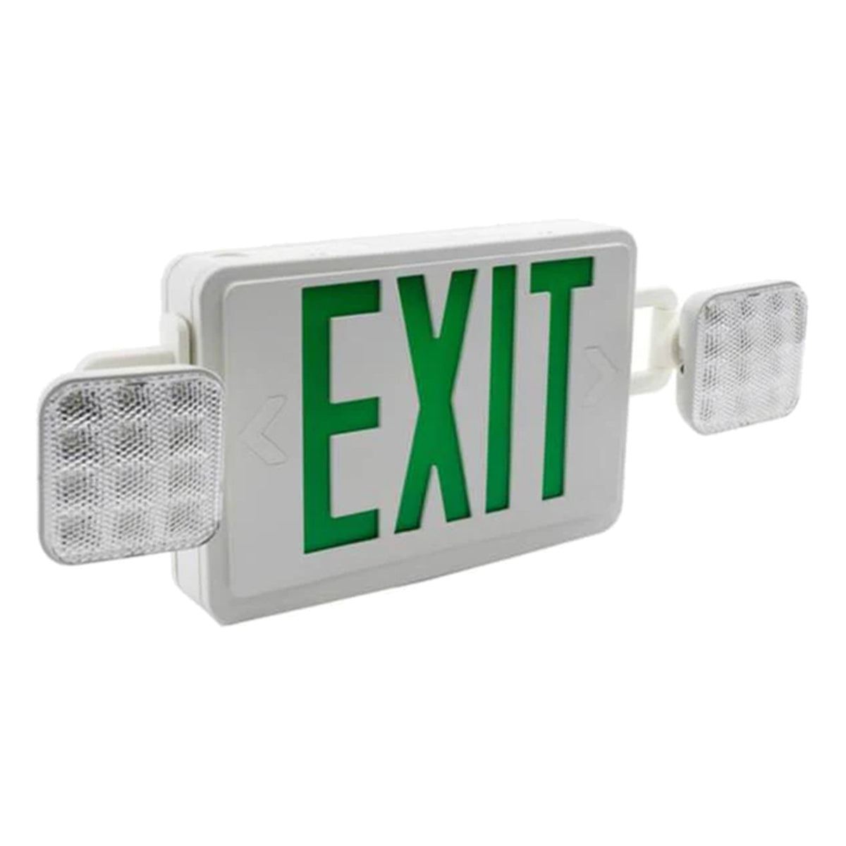 LED Combo Exit Sign, 2 Single Face with Green Letters, White, Battery Included, Square Head Lights - Bees Lighting