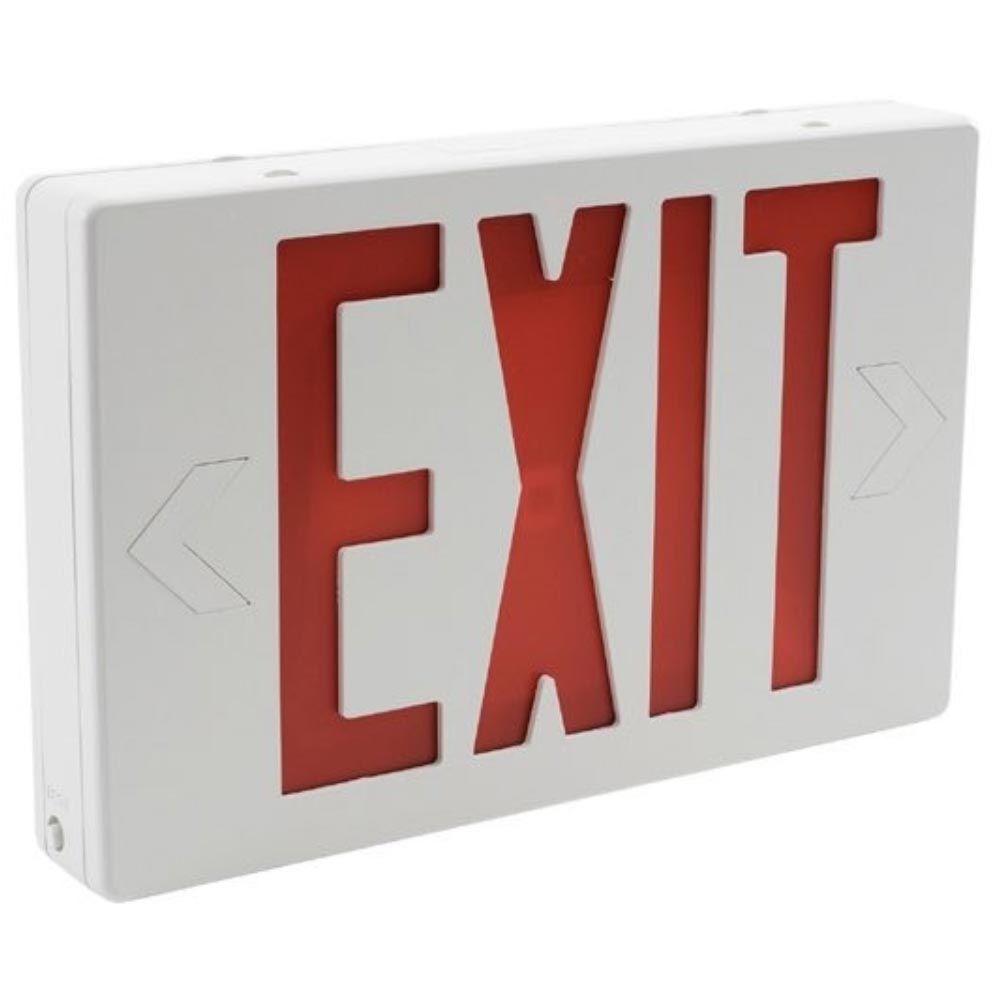 LED Exit Sign, Universal Face with Red Letters, White Finish, Battery Backup Included
