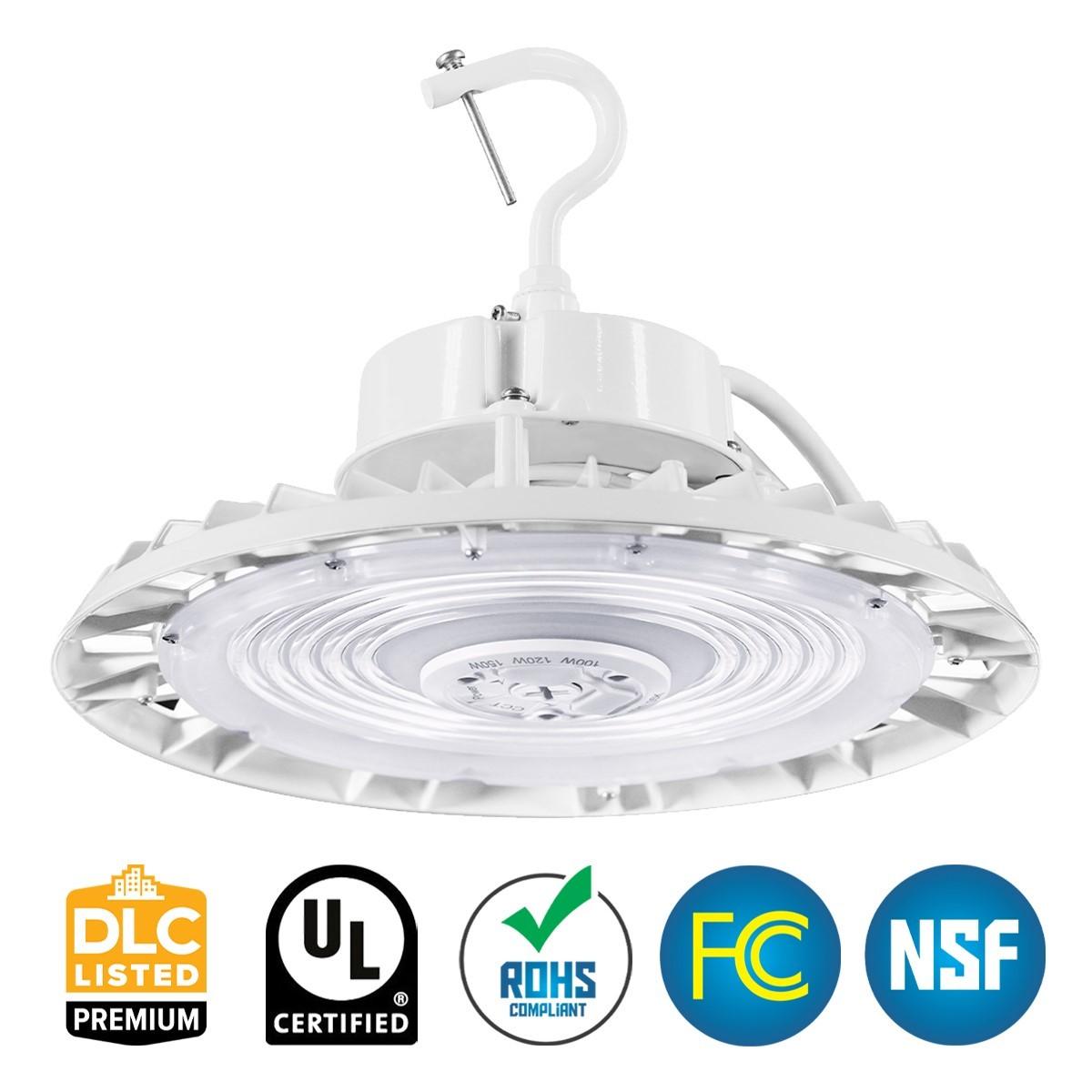 High Bay UFO LED Light, Dual Selectable 240 Watts 35K/40K/50K CCT, 36,000 Lumens, White Finish, 120-277V - Bees Lighting