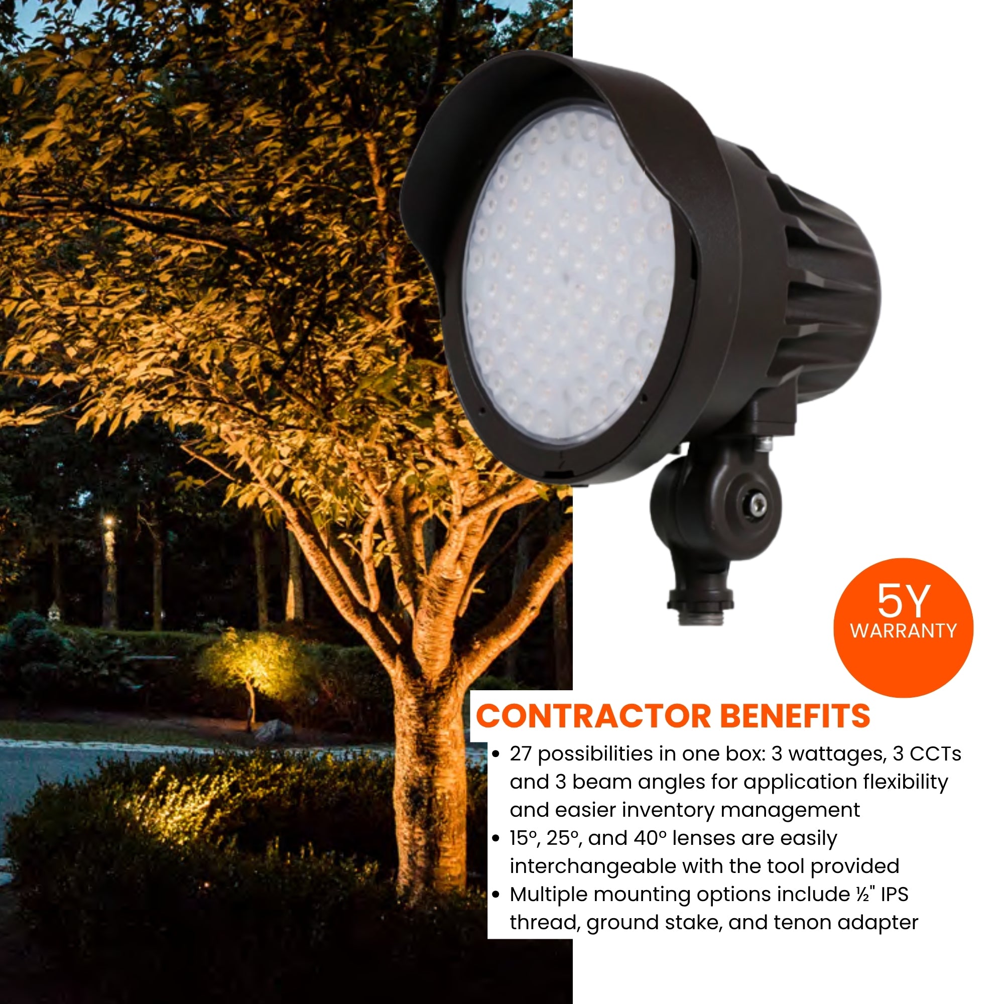 LED Bullet Spotlight, 4200Lm, 15|25|40° Flood Optics, 30K|40K|50K, 120-347V, Bronze