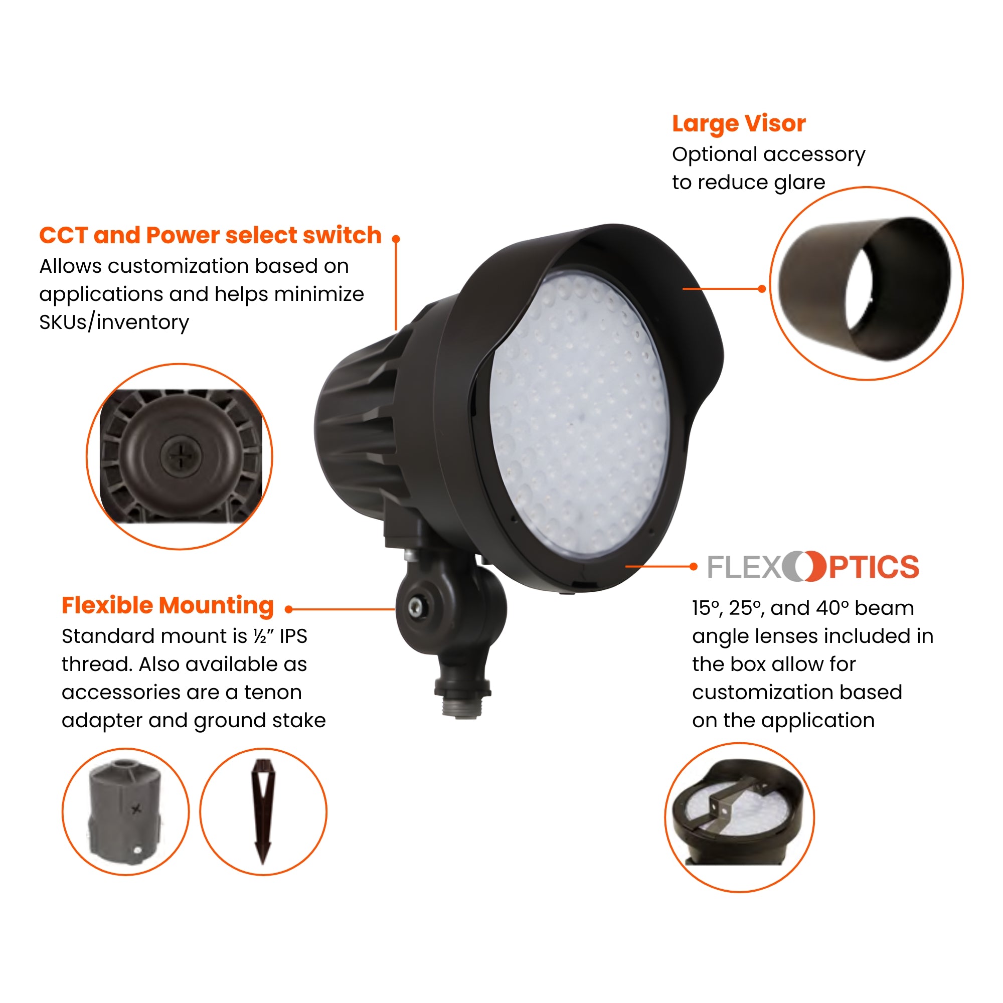 LED Bullet Spotlight, 4200Lm, 15|25|40° Flood Optics, 30K|40K|50K, 120-347V, Black