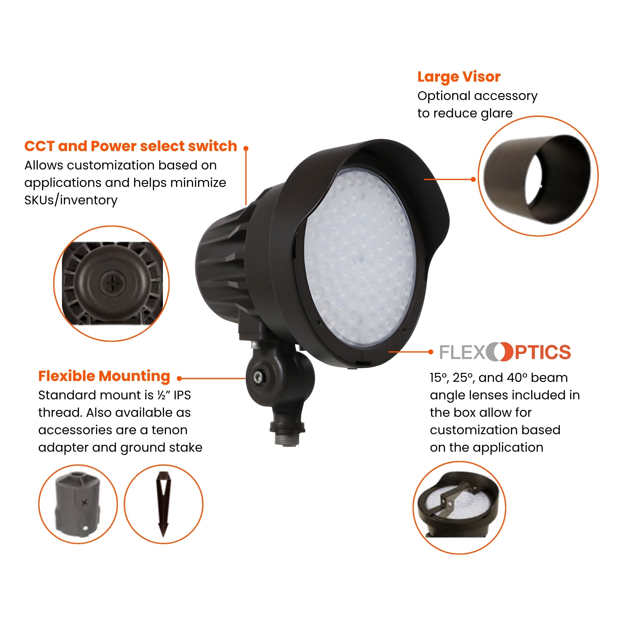 LED Bullet Spotlight, 4200Lm, 15|25|40° Flood Optics, 30K|40K|50K, 120-347V, Gray