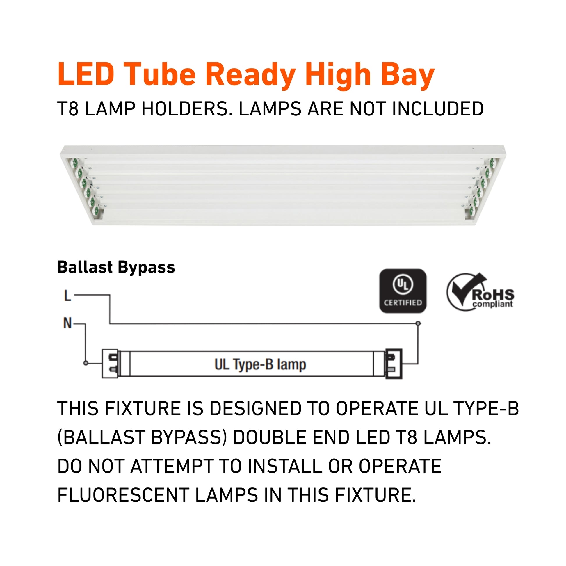 4ft LED Tube Ready High Bay Fixture, 4-Lamp Type-B T8 Ballast Free - Bees Lighting