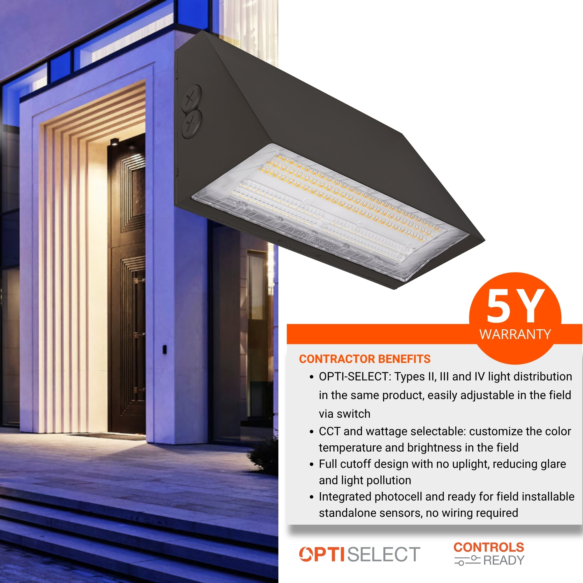LEDVANCE Sylvania 66385 Opti-Select Full Cutoff Wall Pack 6,000 Lumens Selectable 25W/30W/40W 3000K/4000K/5000K 120-347V White