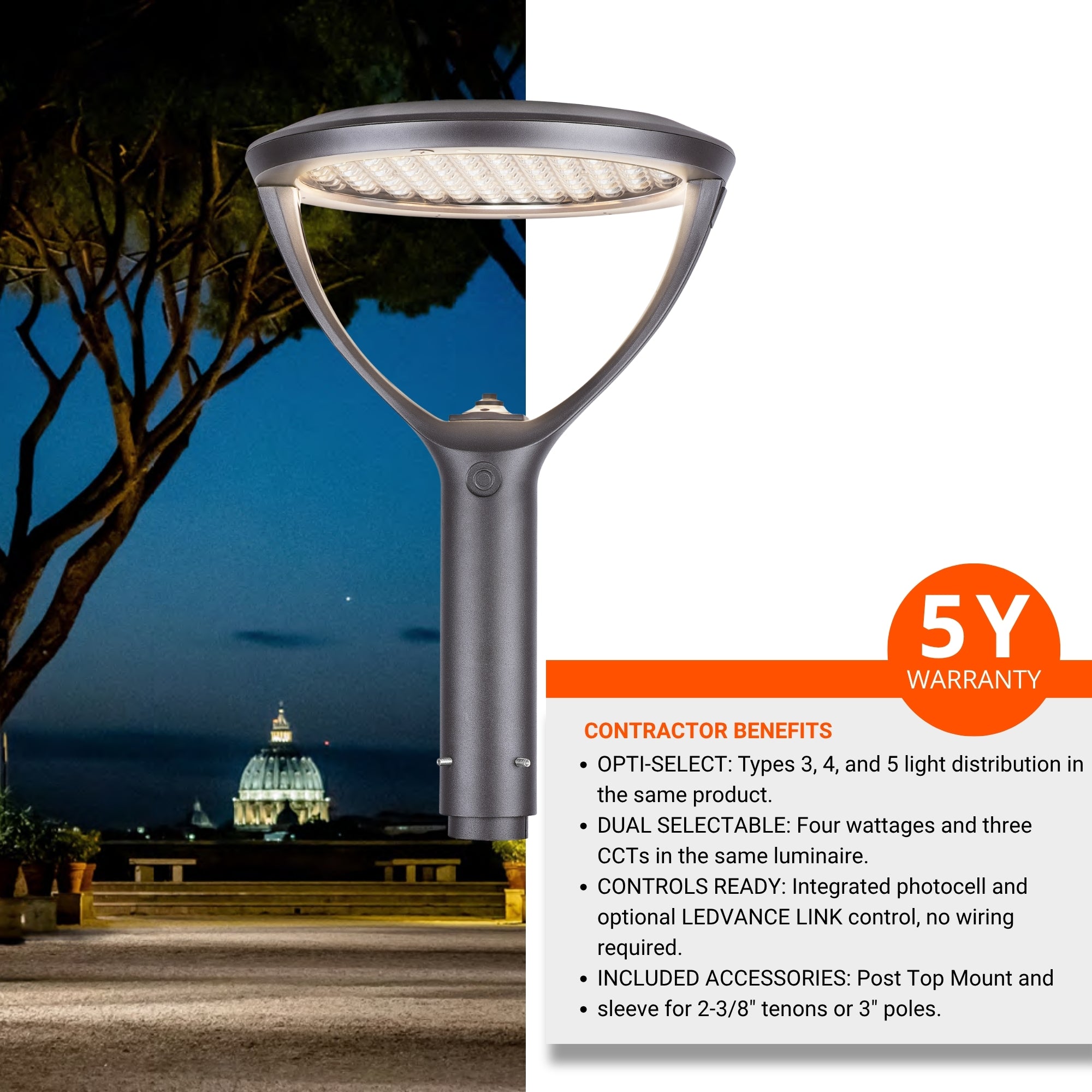 LEDVANCE Sylvania 66966 Post Top Opti-Select 19,500 Lumens Selectable 50/80/100/130W 3000K/4000K/5000K 120-347V Silver