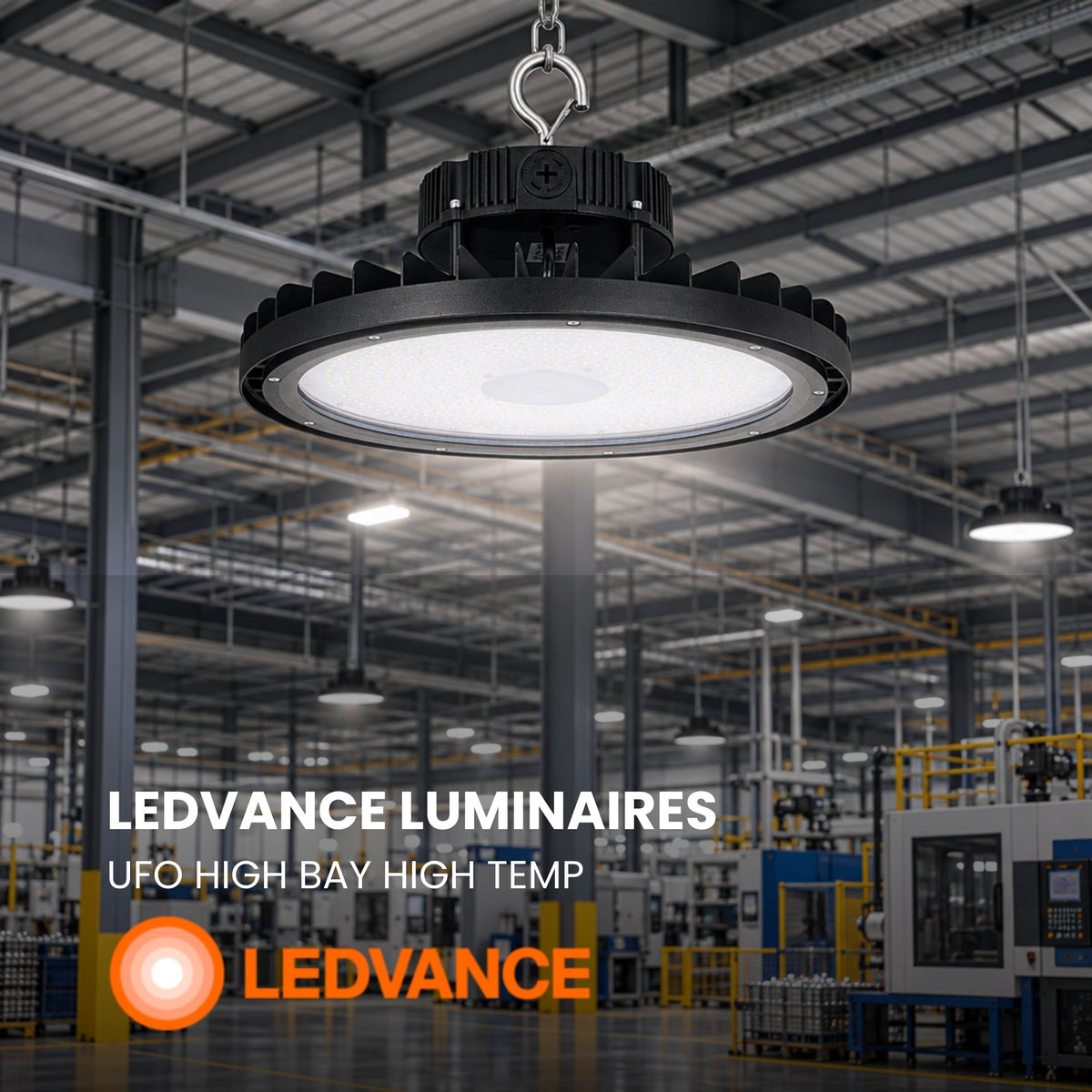 LEDVANCE Sylvania 67044 High Temp UFO LED High Bay — 100/120/150W Selectable — 3500K/4000K/5000K — 120–347V — Black