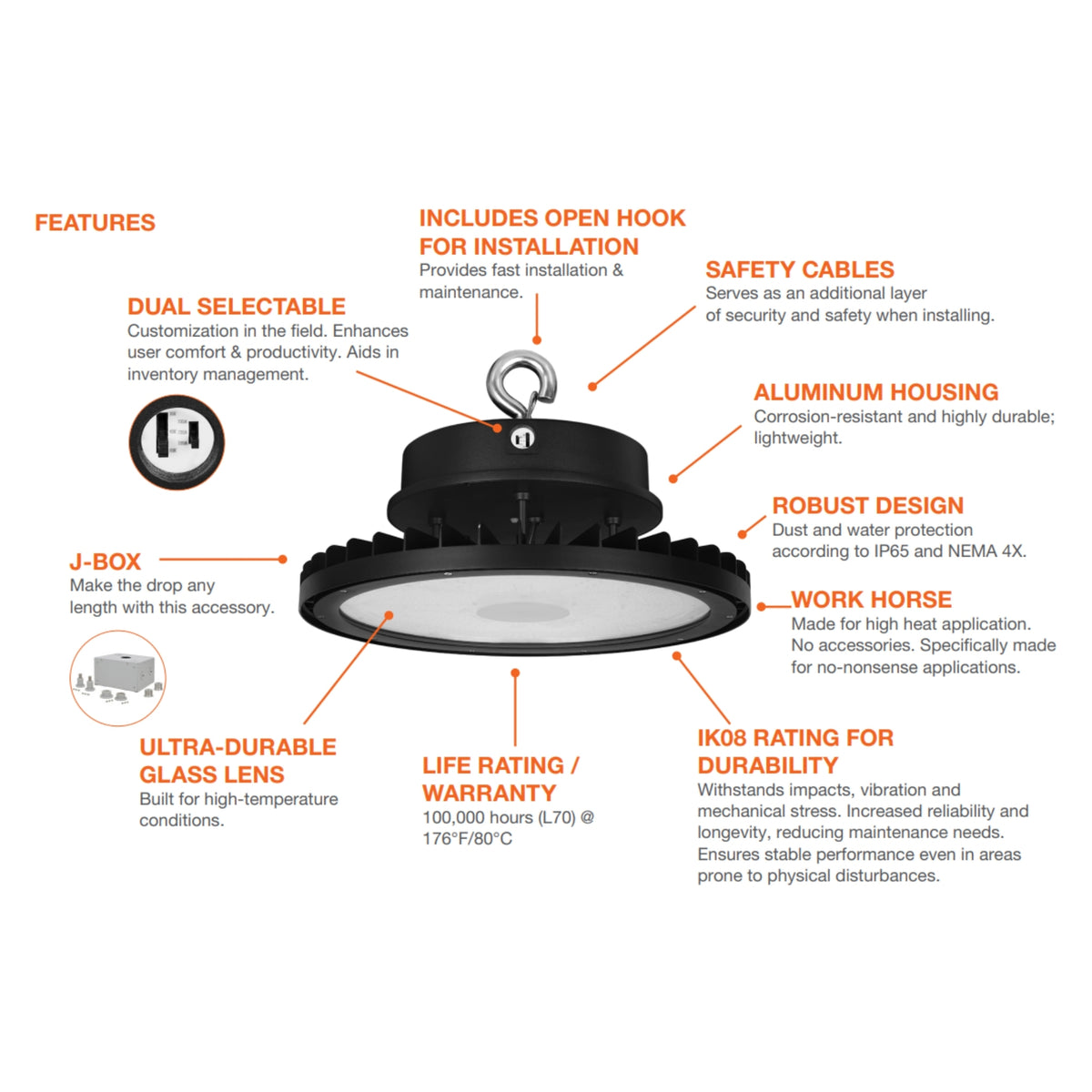 LEDVANCE Sylvania 67044 High Temp UFO LED High Bay — 100/120/150W Selectable — 3500K/4000K/5000K — 120–347V — Black