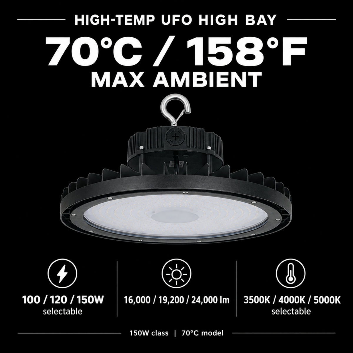 LEDVANCE Sylvania 67044 High Temp UFO LED High Bay — 100/120/150W Selectable — 3500K/4000K/5000K — 120–347V — Black