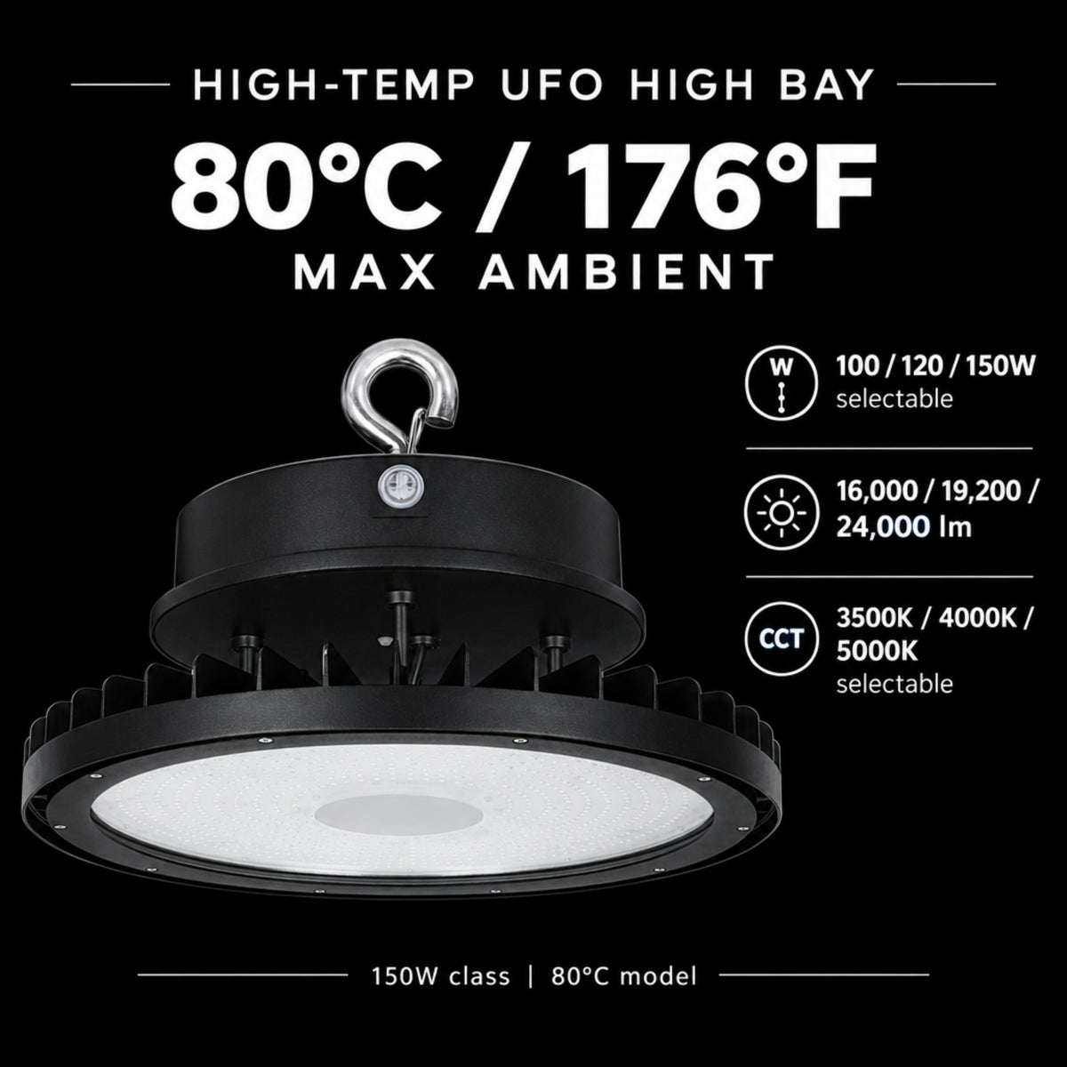 LEDVANCE Sylvania 67045 High Temp UFO LED High Bay — 100/120/150W Selectable — 3500K/4000K/5000K — 120–347V — Black