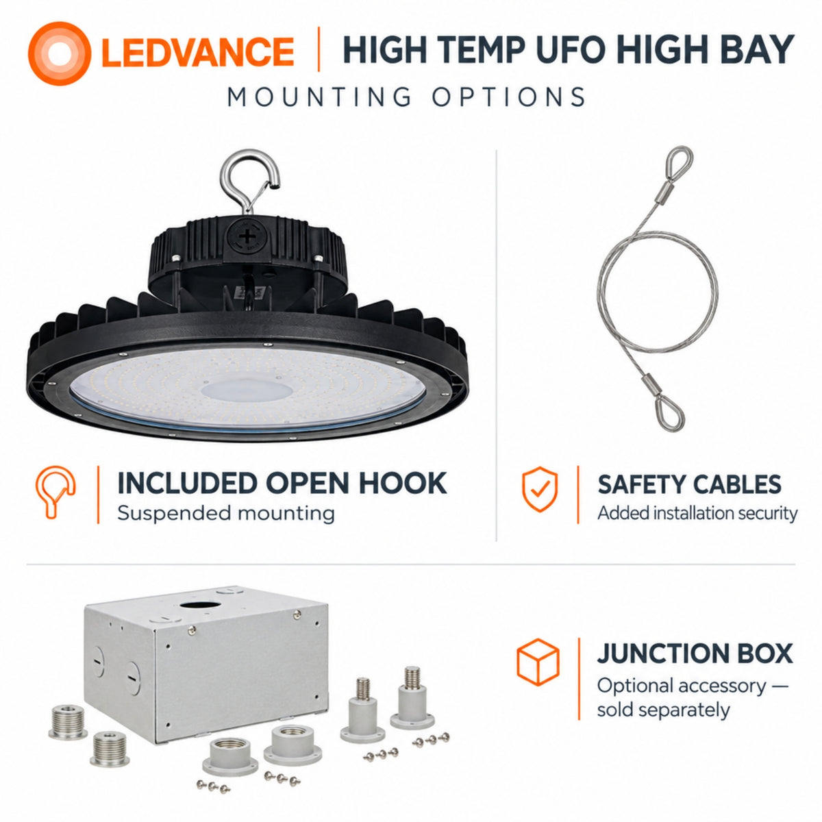 LEDVANCE Sylvania 67046 High Temp UFO LED High Bay — 180/210/250W Selectable — 3500K/4000K/5000K — 120–347V — Black