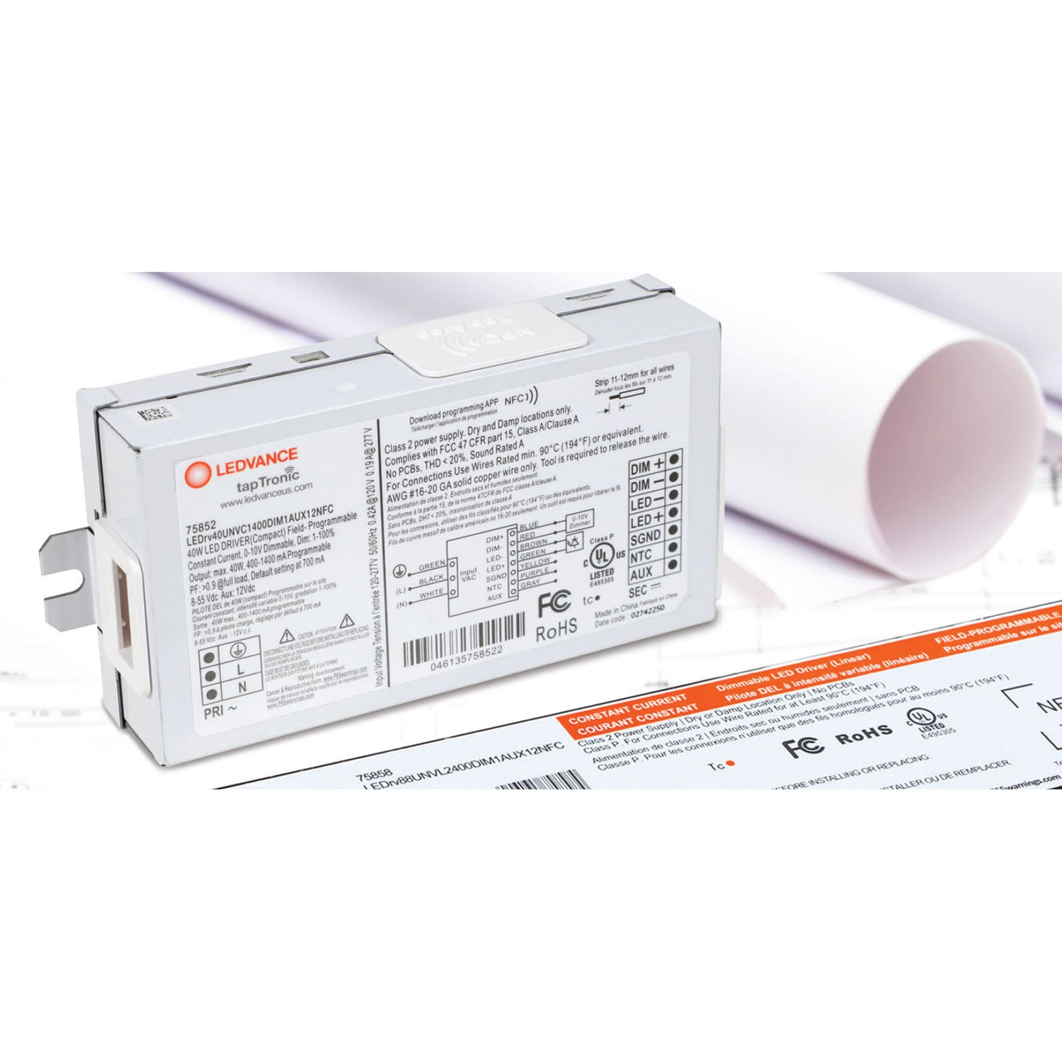 tapTronic F-Can Compact NFC LED Driver, 40W, 400-1400mA, 8-55 VDC, 120-277V - Bees Lighting