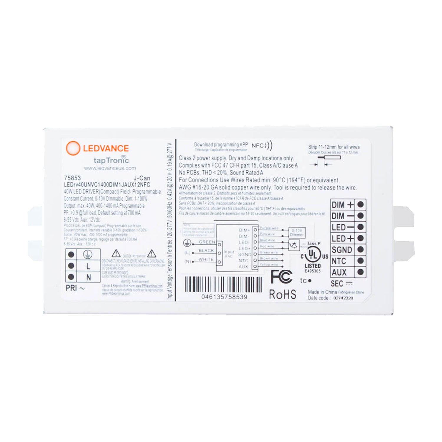 tapTronic J-Can Compact NFC LED Driver, 40W, 400-1400mA, 8-55 VDC, 120-277V