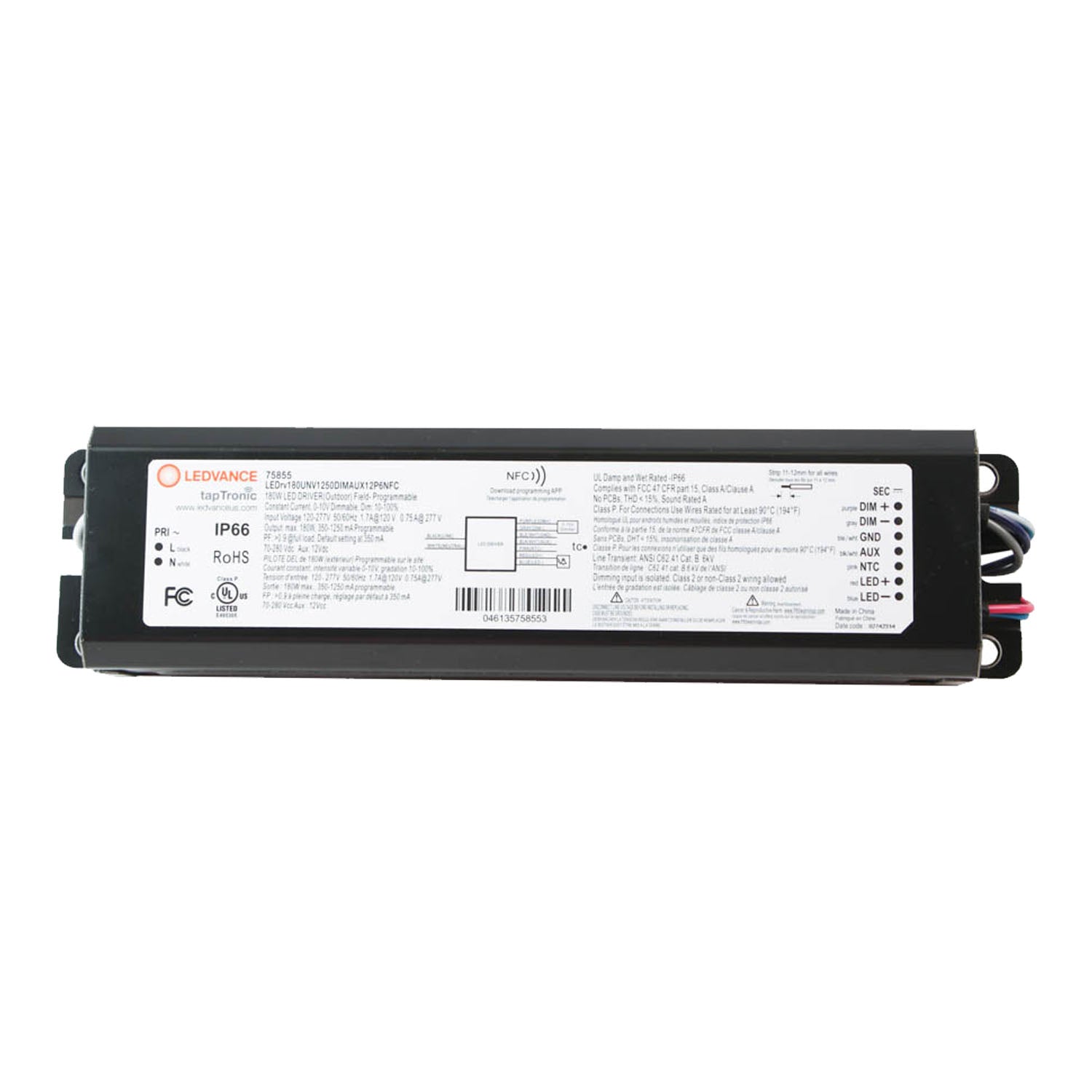 tapTronic Outdoor NFC LED Driver, 180W, 350-1250mA, 70-280 VDC, 120-277V - Bees Lighting