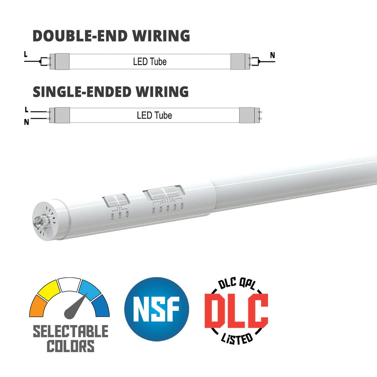 8ft LED T8 Tube, 24/32/40 Adjustable Wattage, 5400 Lumens, Selectable CCT 3000K to 6500K, Interchangeable Base R17D or FA8, Ballast Bypass, Single/Dual End (Case Of 10)