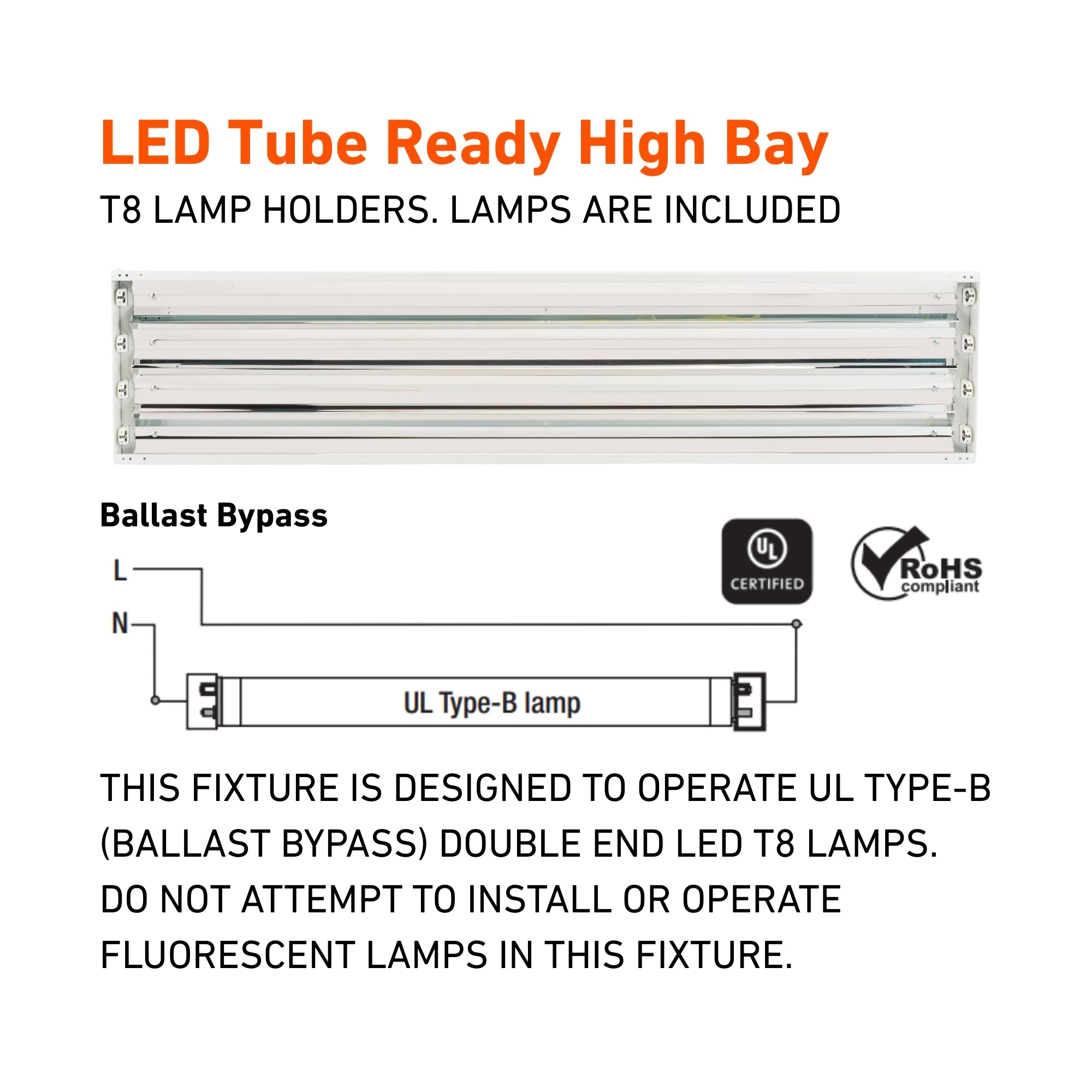 4ft LED Shop Light High Bay with 4 T8 LED Tubes, 8000 Lumens, Ballast-Free