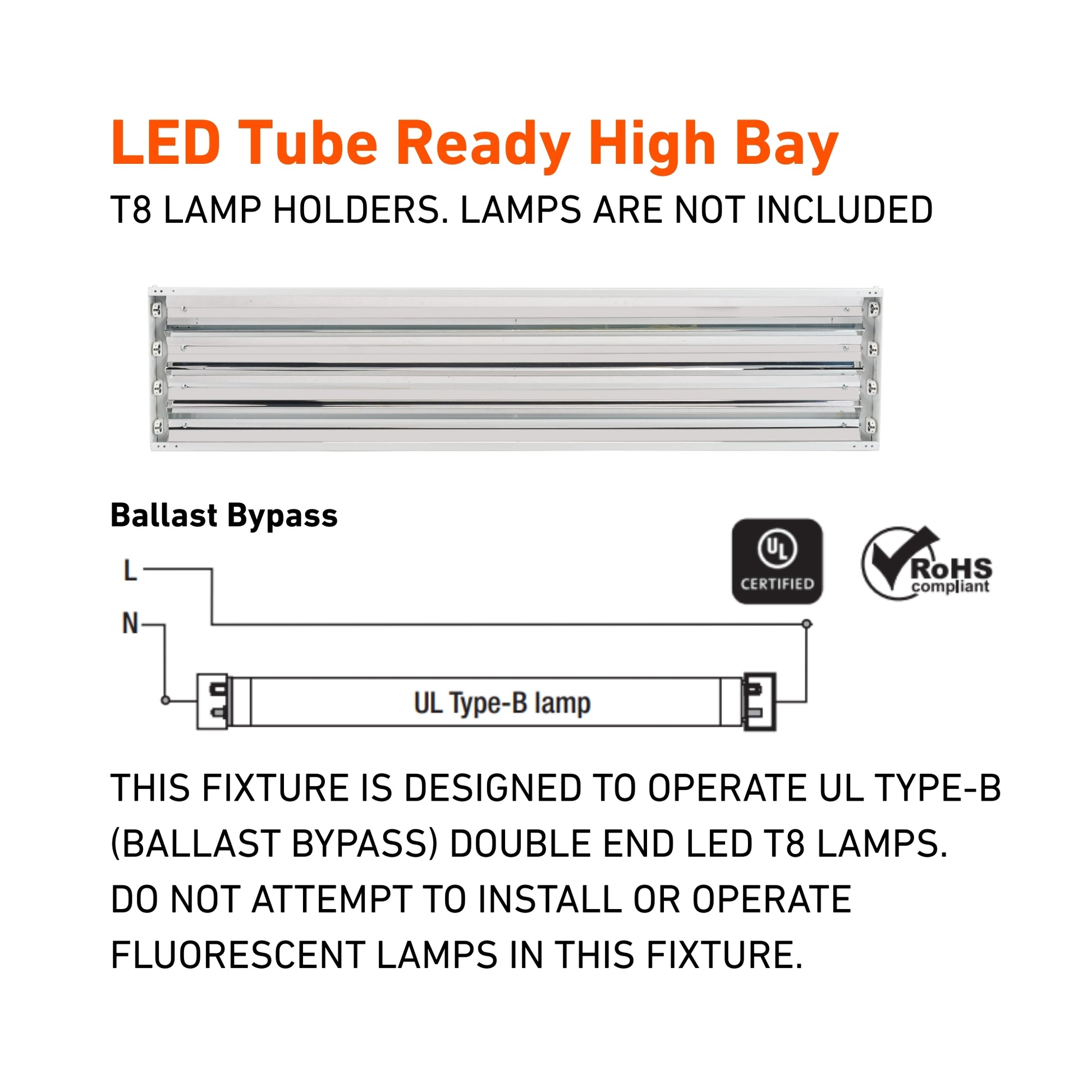 4ft LED Tube Ready High Bay Fixture, 4-Lamp Type-B T8 Ballast Free - Bees Lighting