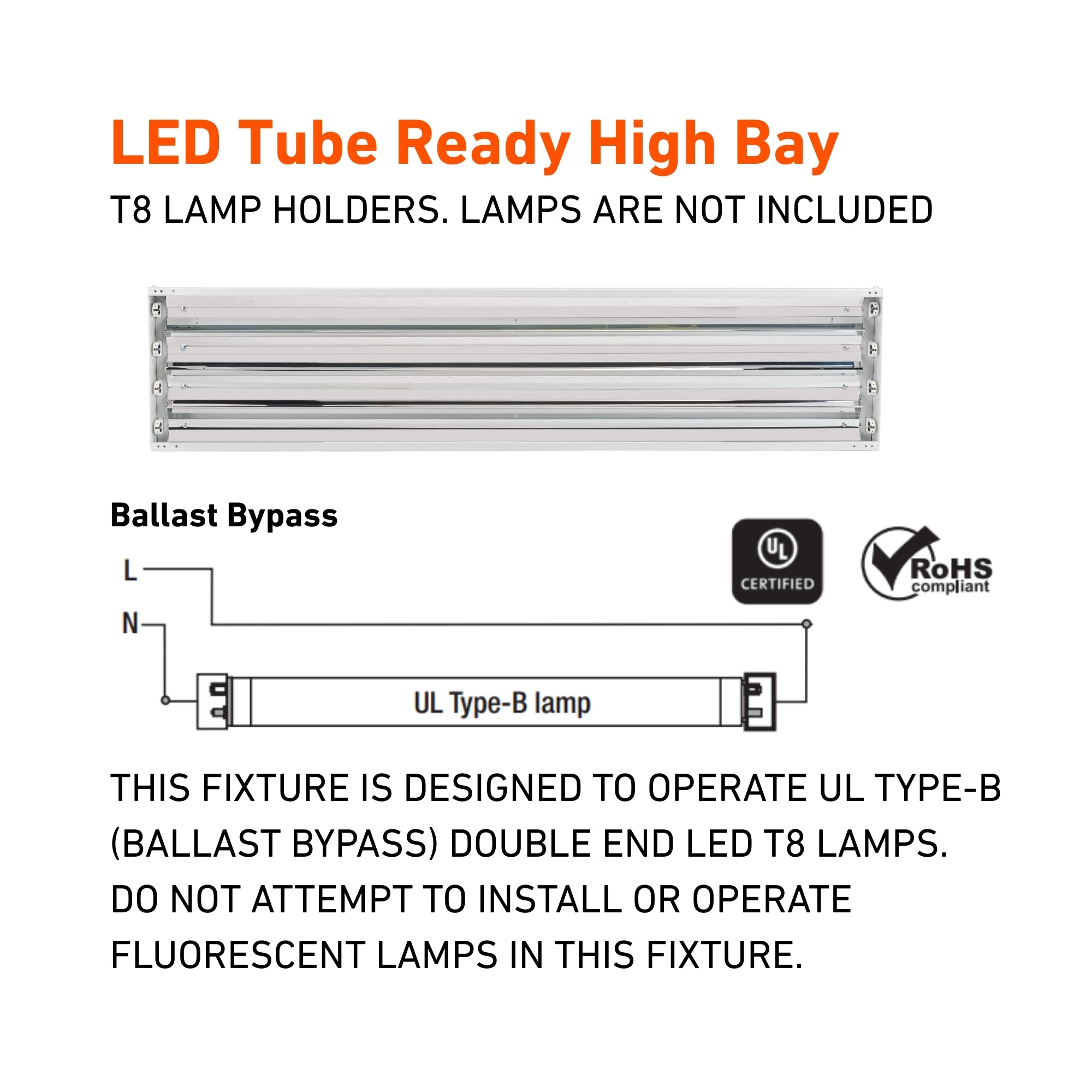 4ft LED Tube Ready High Bay Fixture, 4-Lamp Type-B T8 Ballast Free - Bees Lighting