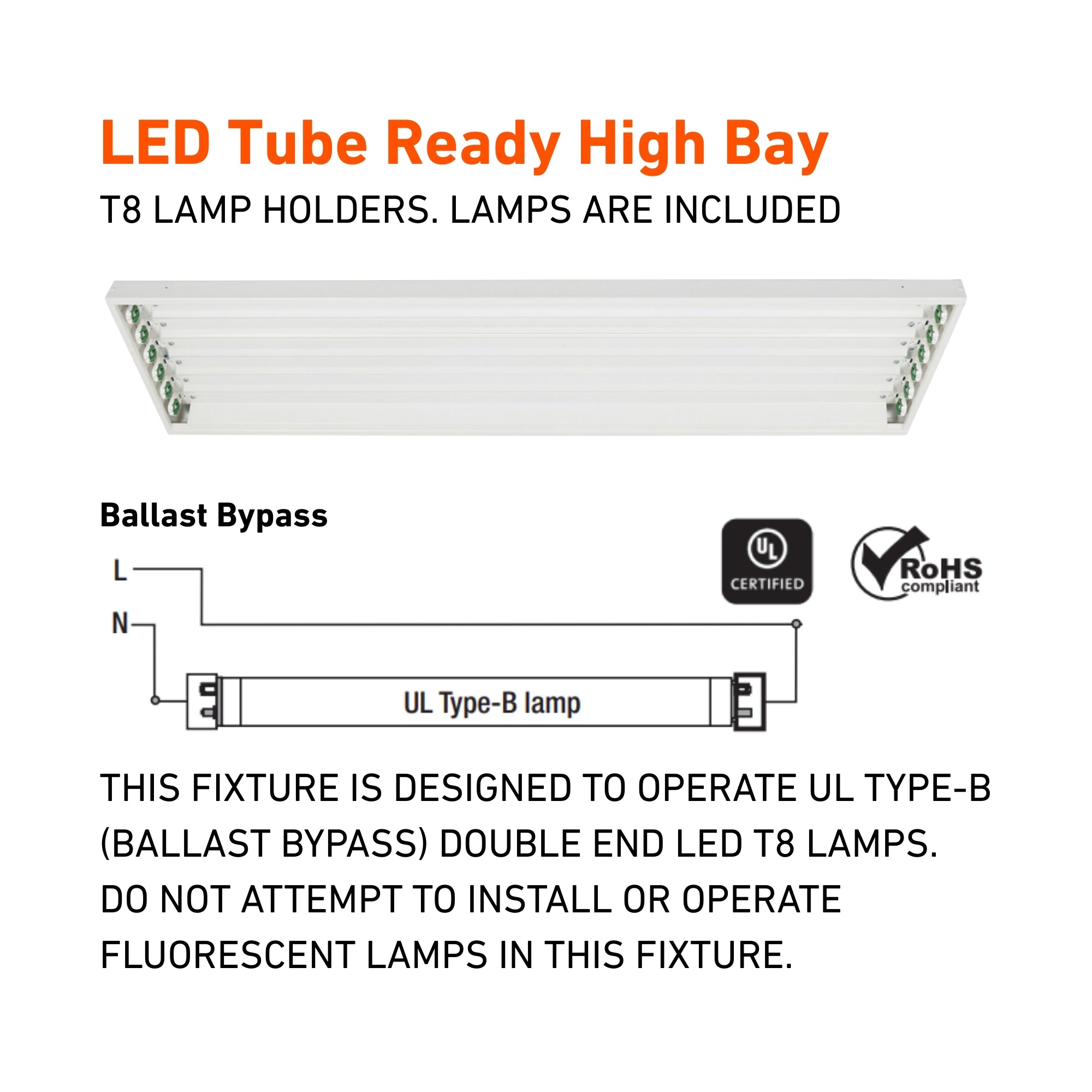 4ft LED Shop Light High Bay with 6 T8 LED Tubes, 12000 Lumens, Ballast-Free