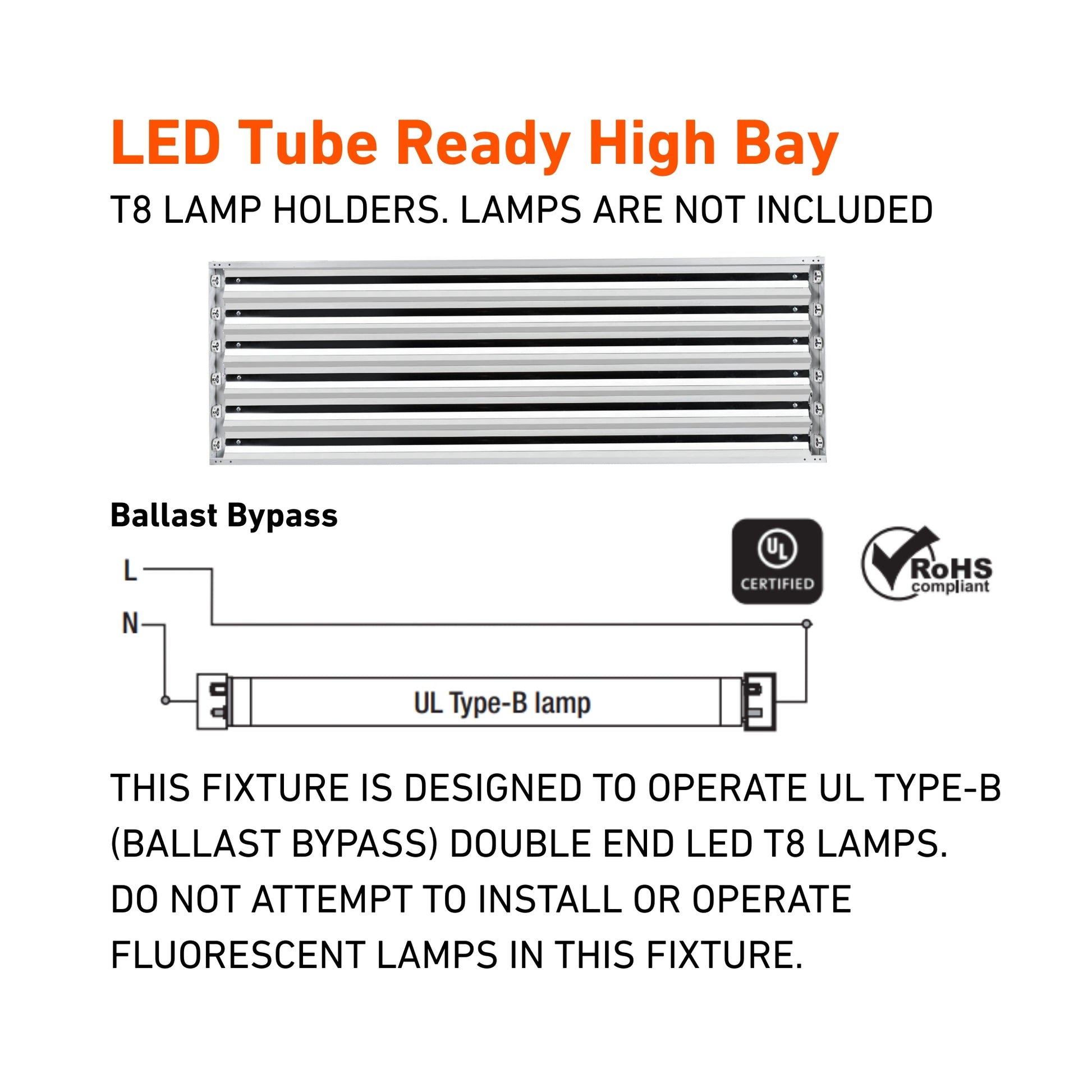 4ft LED Tube Ready High Bay Fixture, 6-Lamp Type-B T8 Ballast Free - Bees Lighting