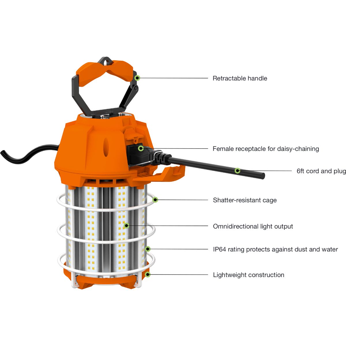 Temporary Work Light, 150W, 18000 Lumens, 6ft Cord+Plug, 120-277V