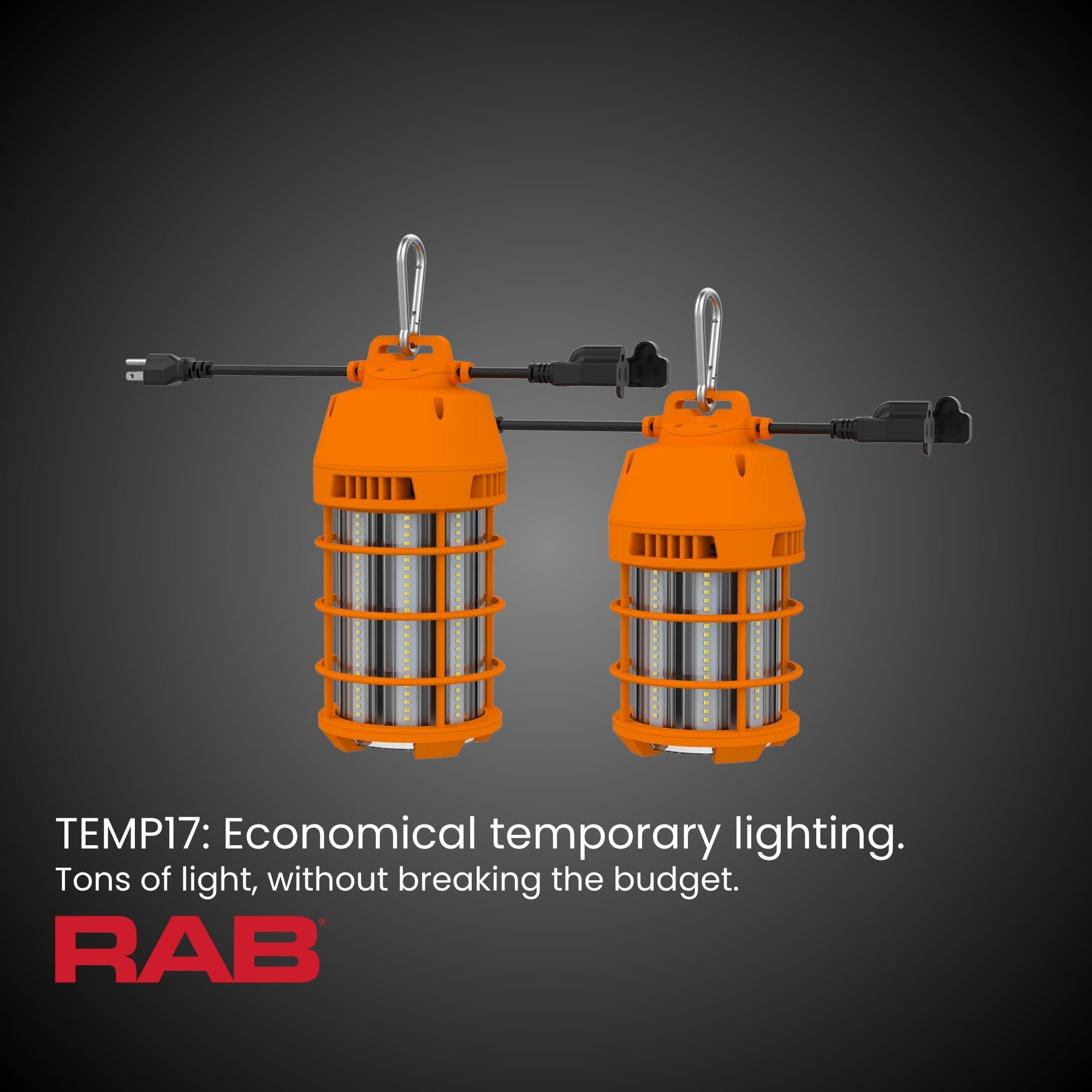 RAB TEMP17 LED Temporary Work Light 12000lm 100W 5000K 120V Carabiner Mount Construction Orange