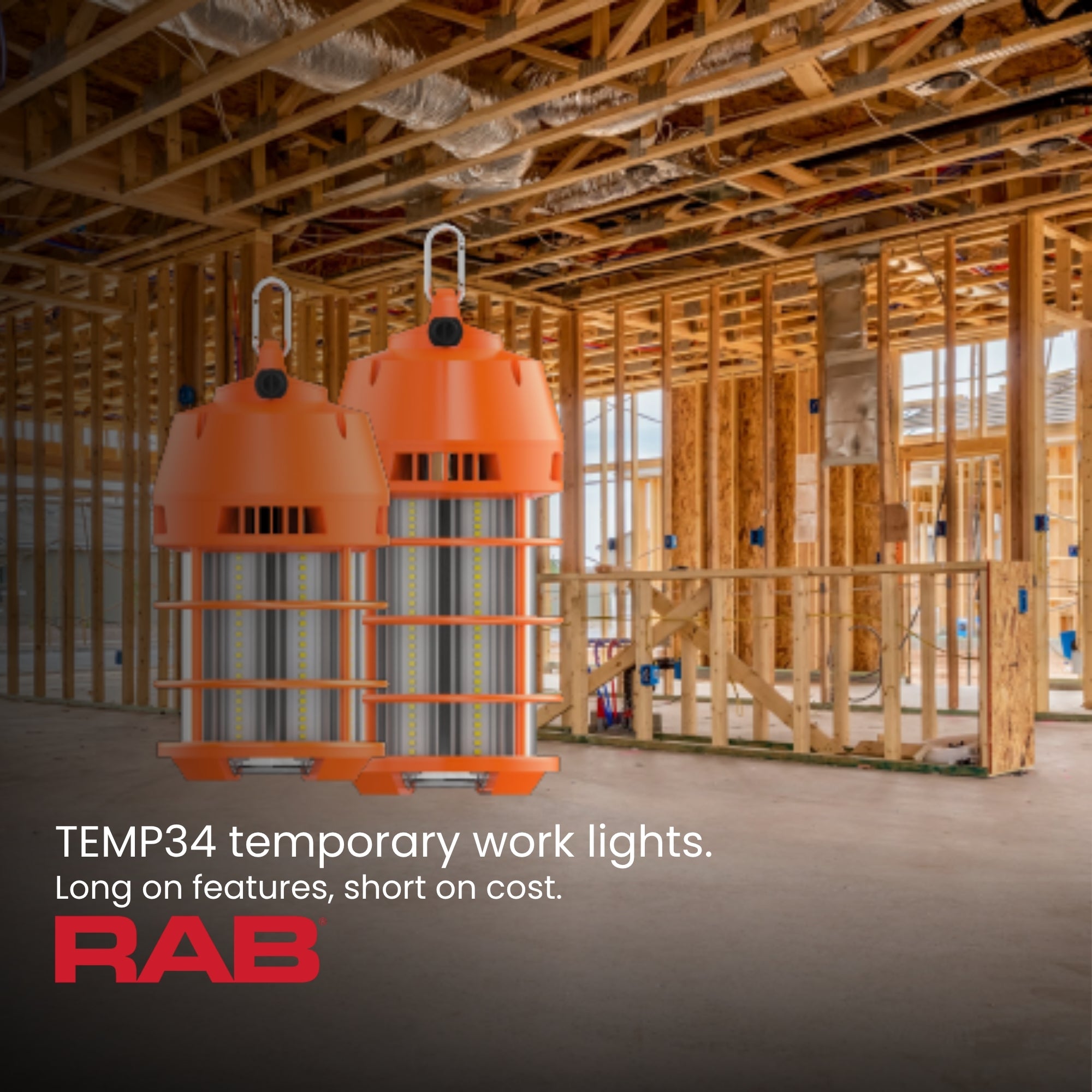 RAB TEMP34 LED Temporary Work Light 12000lm 100W 5000K 120-277V Carabiner Mount