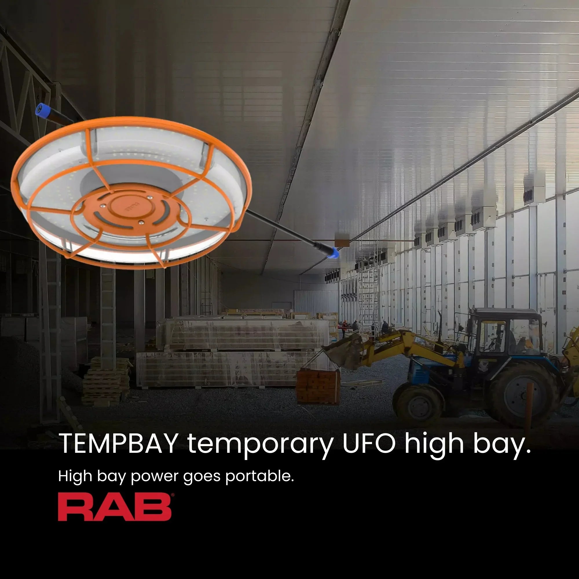RAB TEMPBAY Temporary High Bay Work Light 15304 Lumens 130W 5000K 120-277V Orange