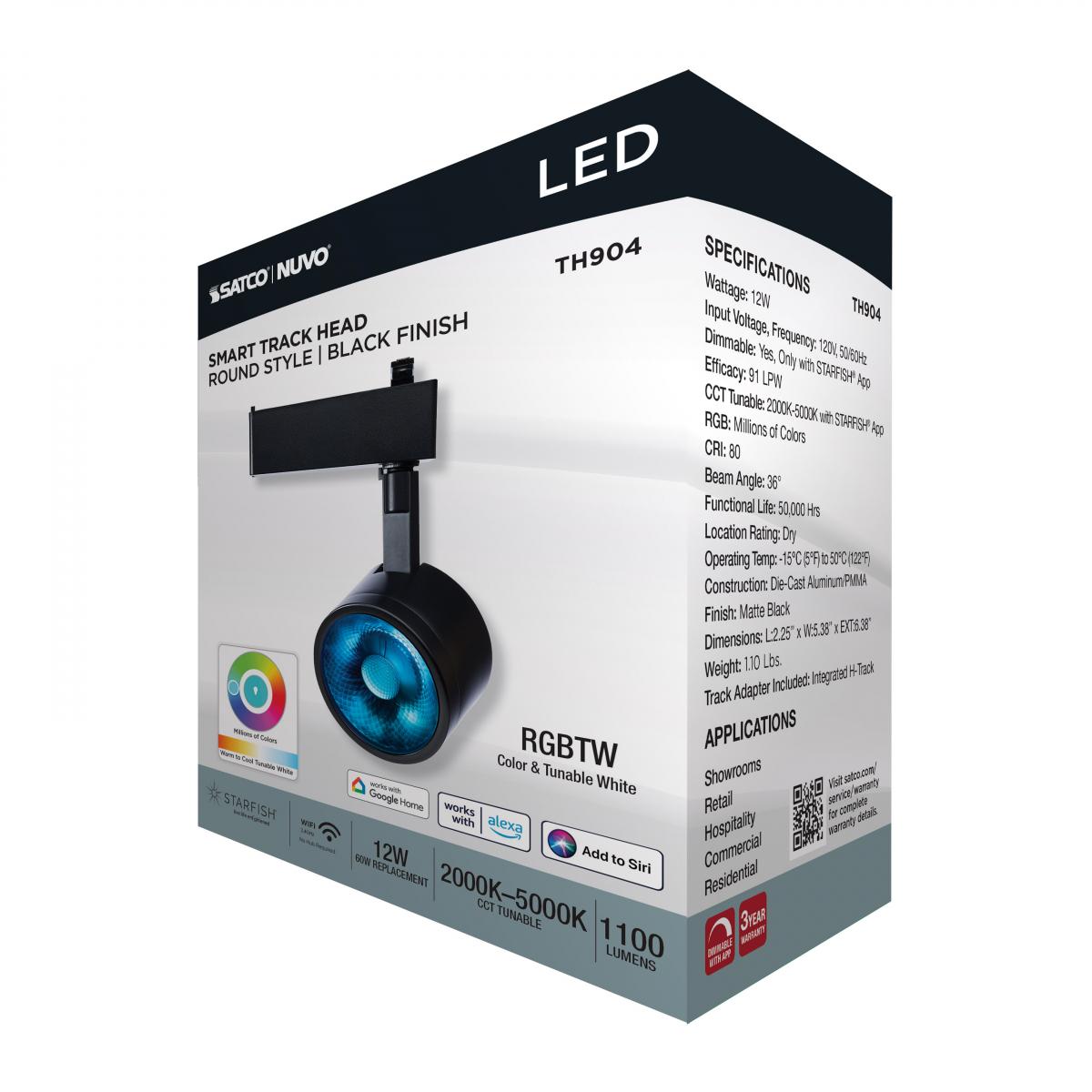 Starfish Smart Round LED Track Head, 1100 Lumens, RGBTW, Halo, 36°, Black - Bees Lighting