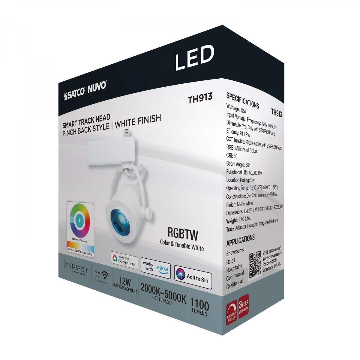 Starfish Smart Pinch Back LED Track Head 12W 1100 Lumens RGBTW, Halo, 36°, White - Bees Lighting