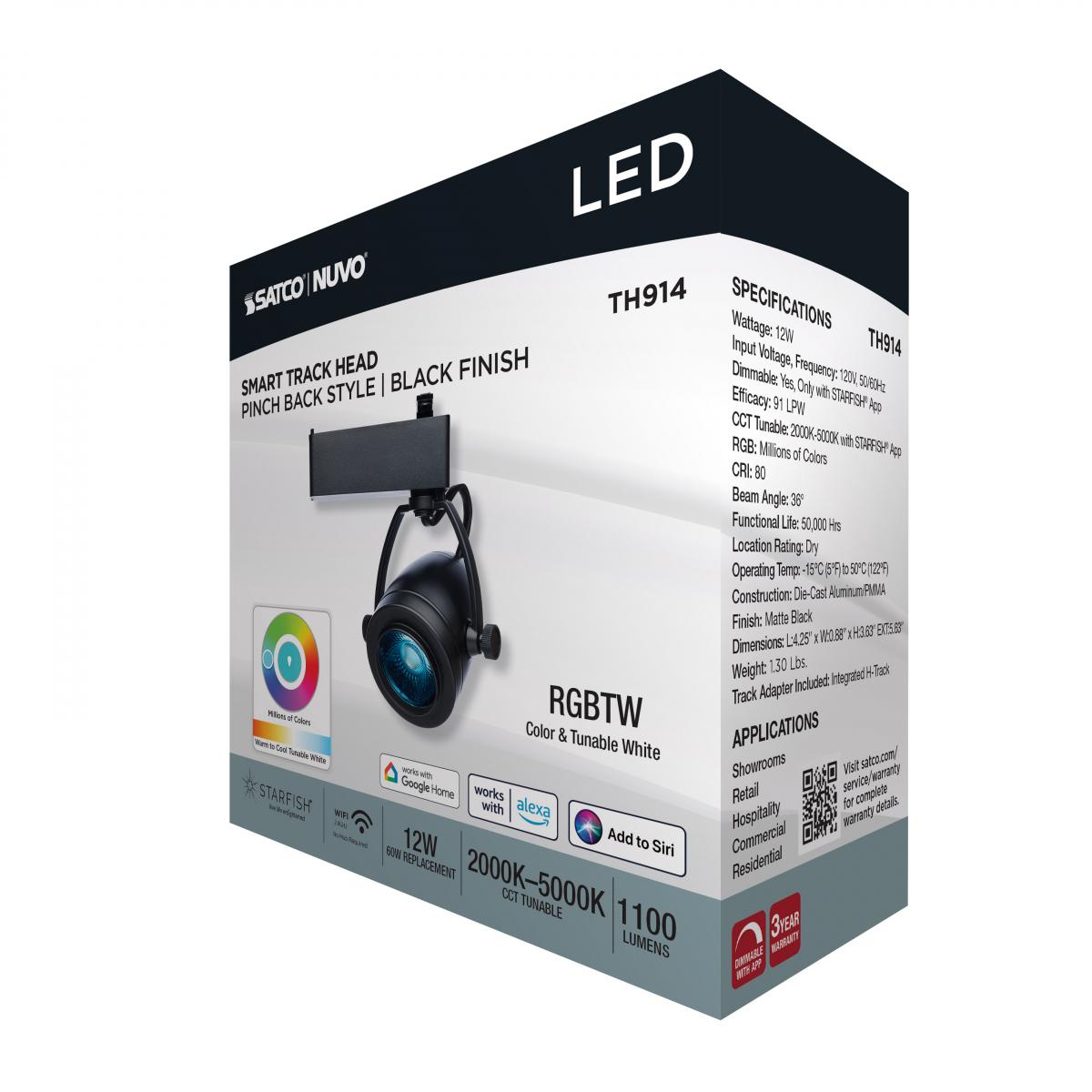 Starfish Smart Pinch Back LED Track Head 12W 1100 Lumens RGBTW, Halo, 36°, Black - Bees Lighting