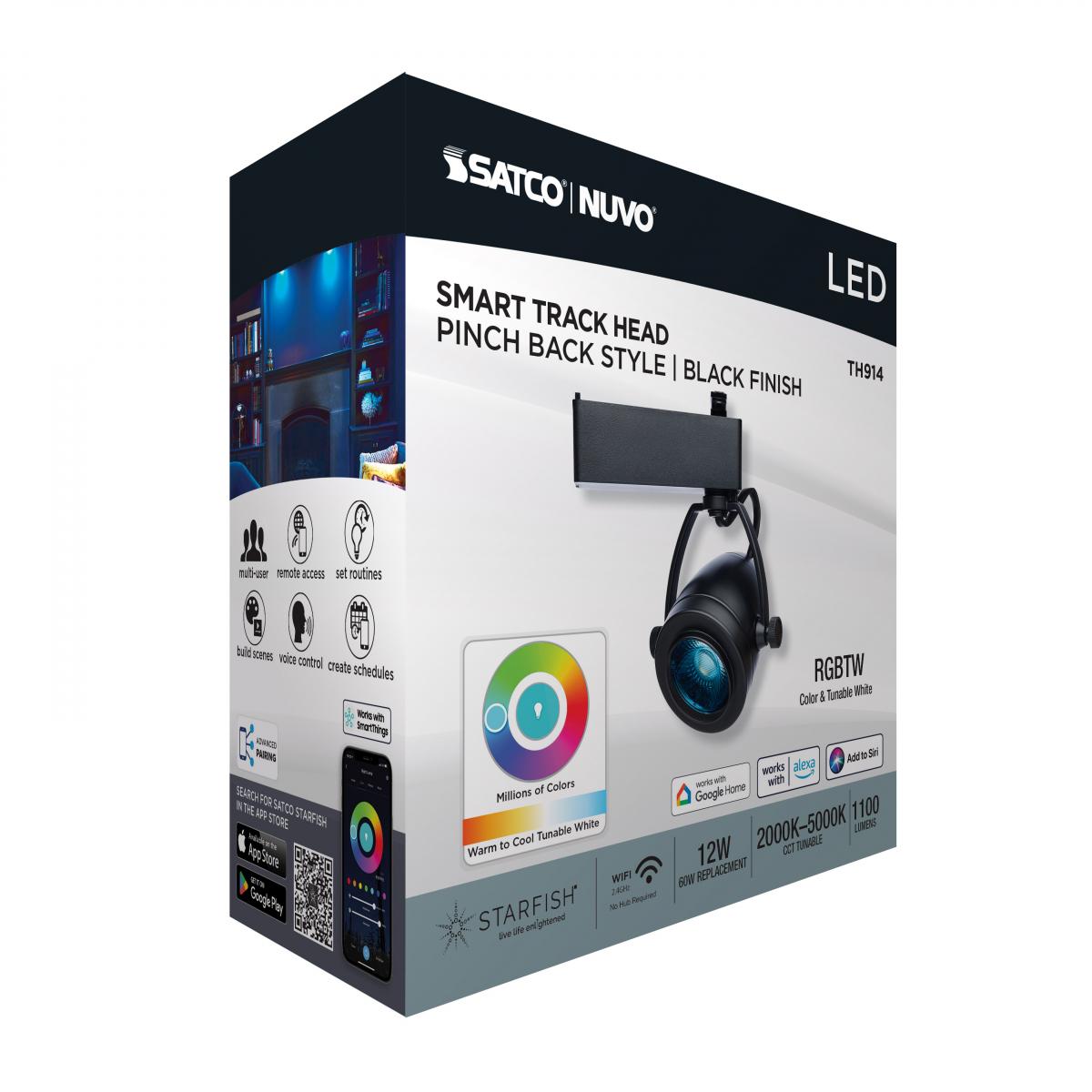 Starfish Smart Pinch Back LED Track Head 12W 1100 Lumens RGBTW, Halo, 36°, Black - Bees Lighting