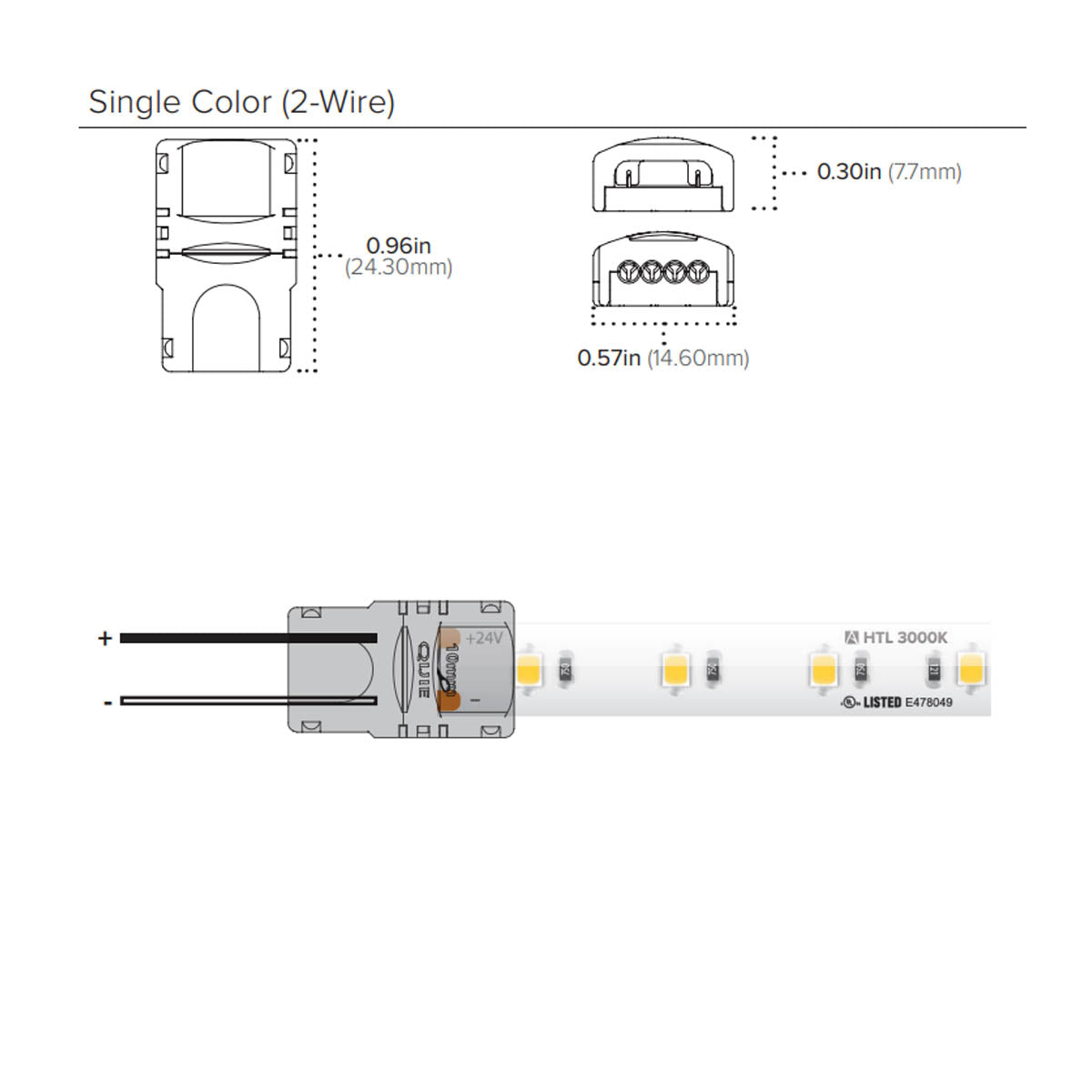24in. HD Linking Cable with 2-wire Snap Connector for Trulux Single Color Tape Lights - Bees Lighting
