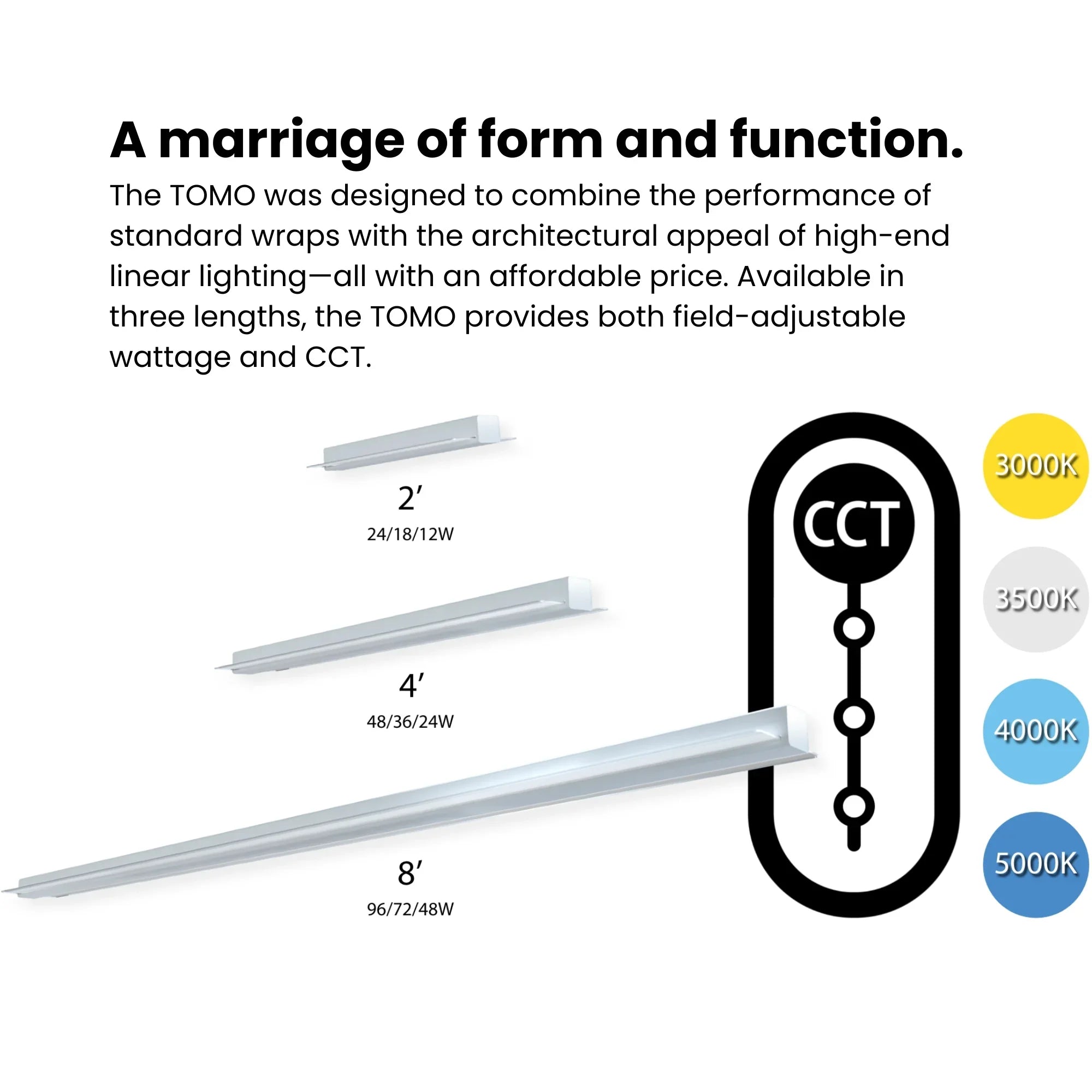 RAB TOMO-2 - 2ft LED Strip Light Fixture, 24W, 3300 Lumens, Selectable 3000K-5000K CCT, 120-277V