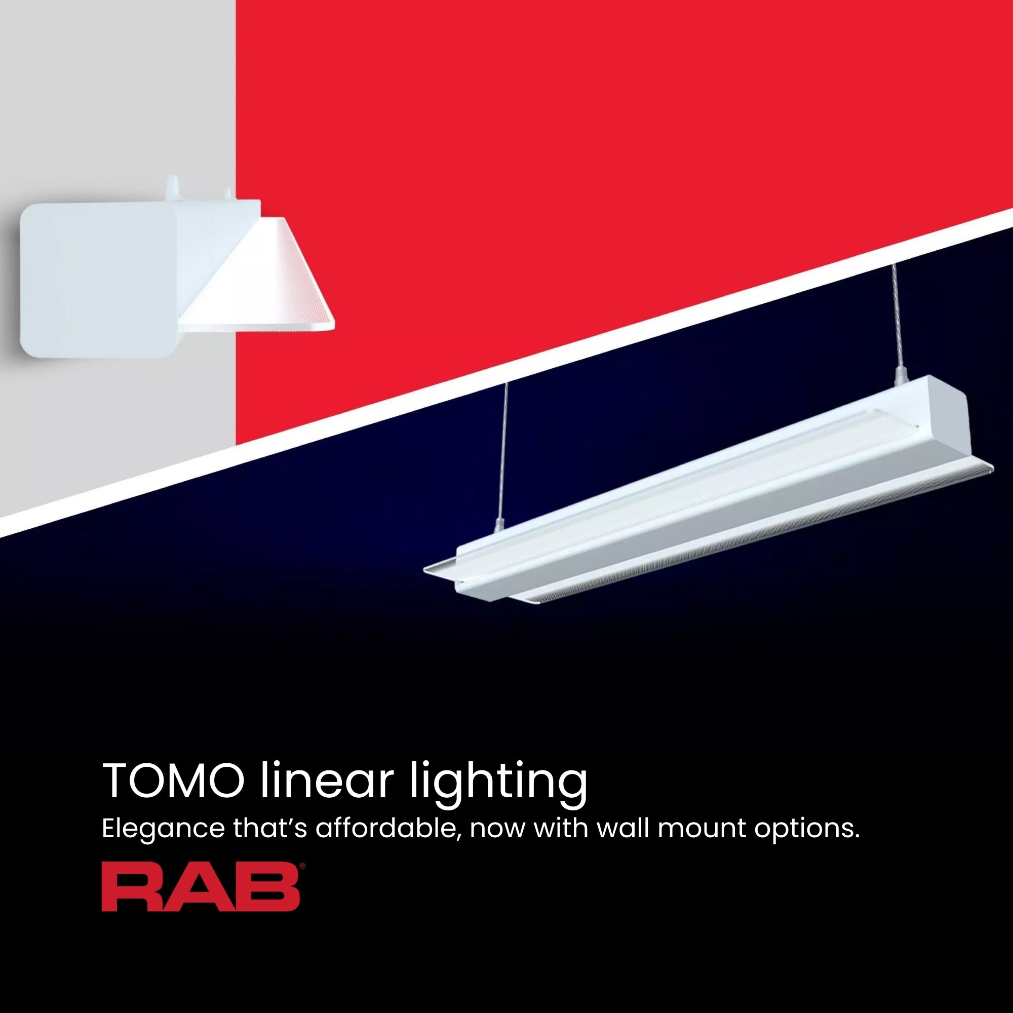RAB TOMO-4WM - 4ft LED Strip Light Fixture Wall Mount, 48W, 6600 Lumens, Selectable 3000K-5000K CCT, 120-277V