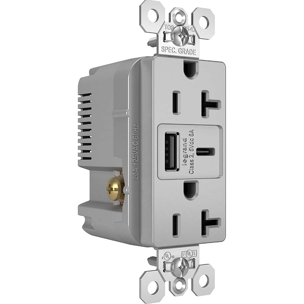 Tamper Resistant 20A Duplex Receptacle with USB Type A/C Fast Charging, Gray - Bees Lighting