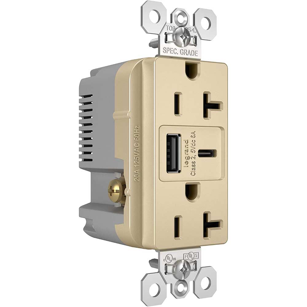 Tamper Resistant 20A Duplex Receptacle with USB Type A/C Fast Charging, Ivory - Bees Lighting
