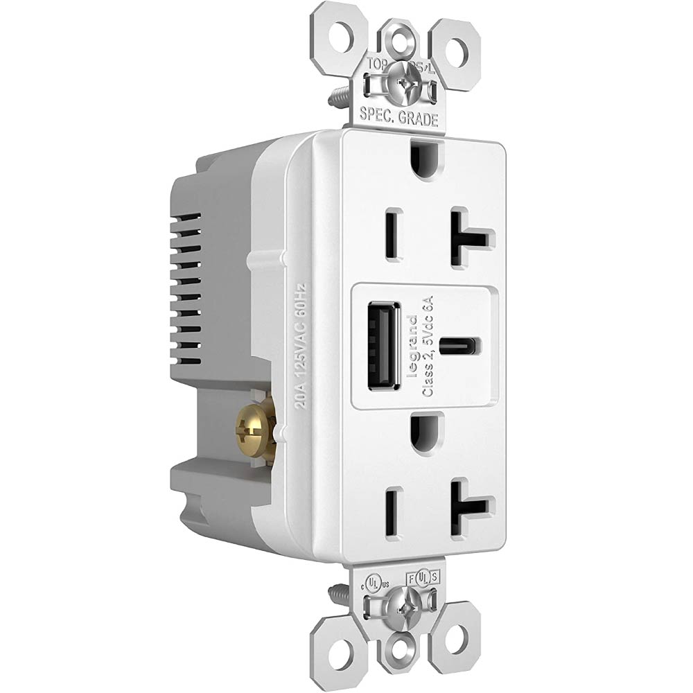 Tamper Resistant 20A Duplex Receptacle with USB Type A/C Fast Charging, White - Bees Lighting