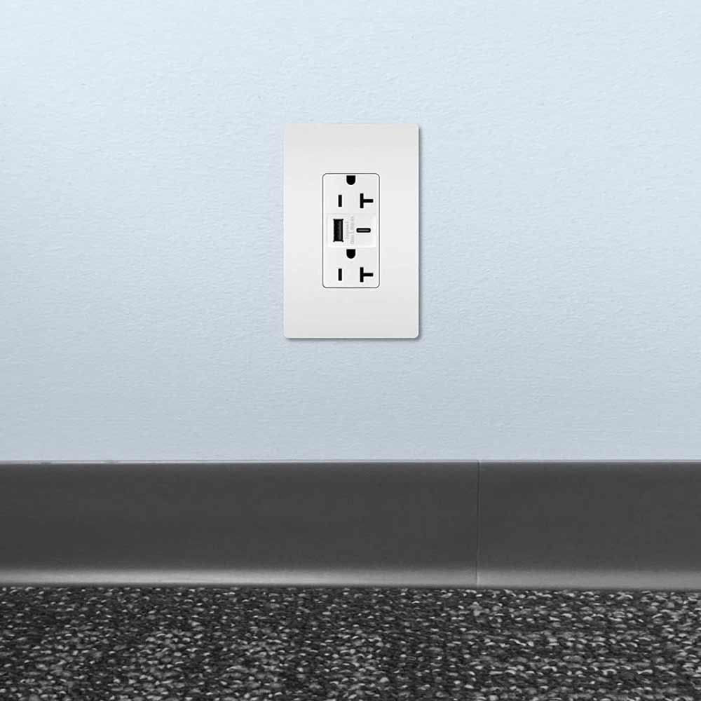 Tamper Resistant 20A Duplex Receptacle with USB Type A/C Fast Charging, White - Bees Lighting