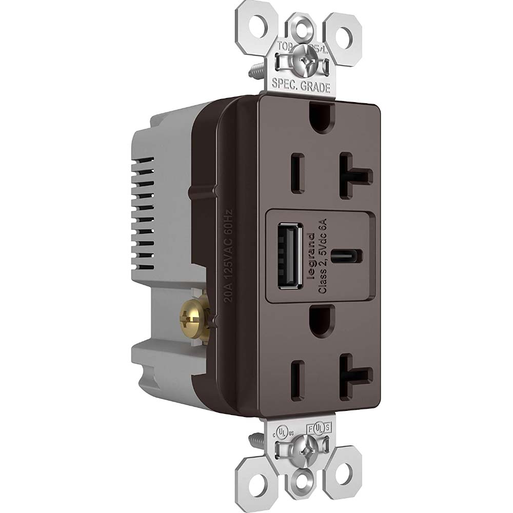 Tamper Resistant 20A Duplex Receptacle with USB Type A/C Fast Charging, Dark Bronze - Bees Lighting