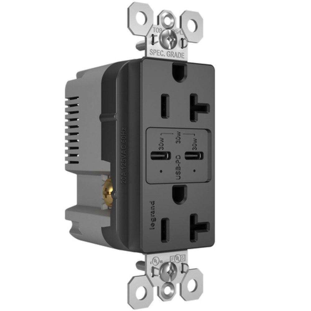 radiant 20A Tamper Resistant Outlet with PLUS Power Delivery USB Type C/C, Black - Bees Lighting
