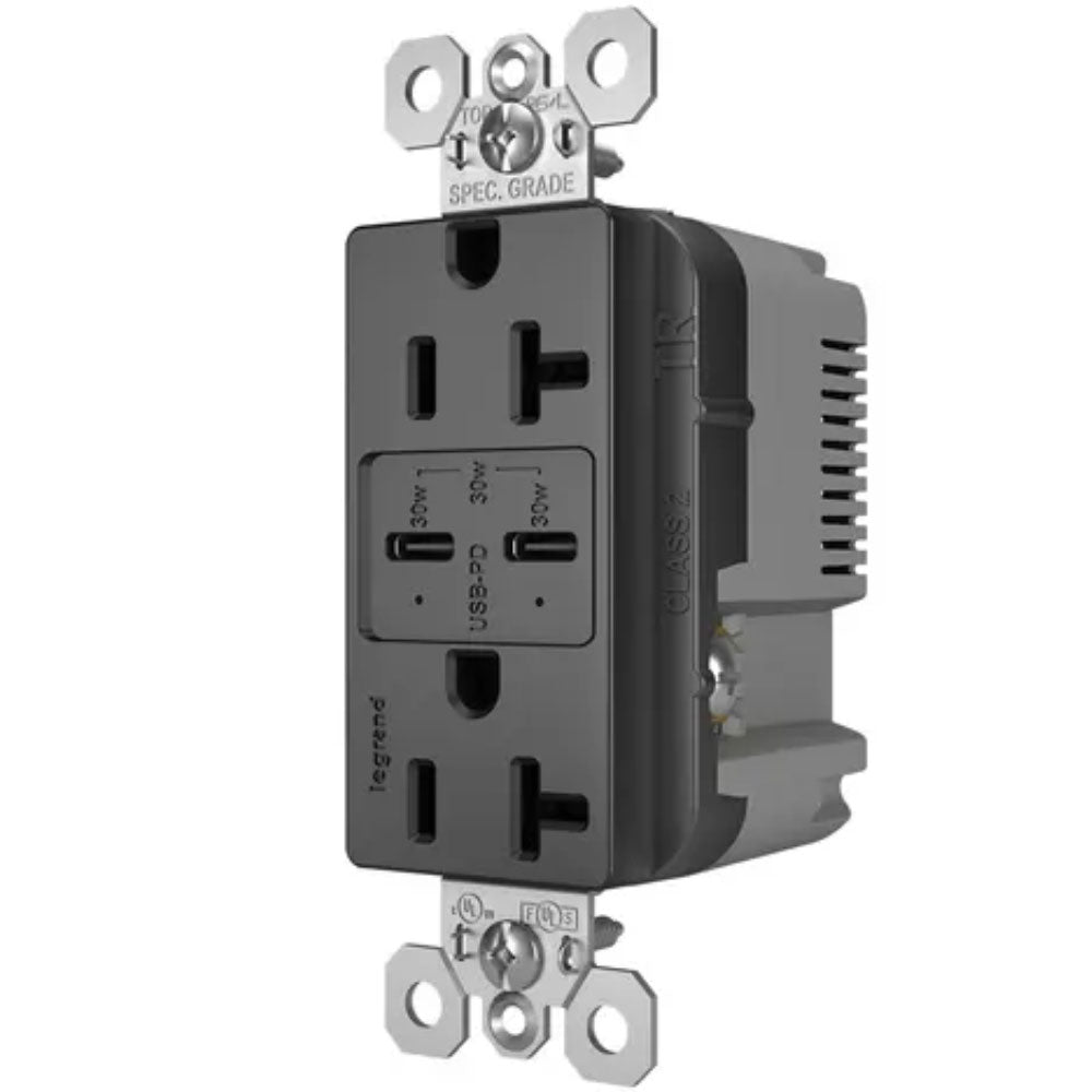 radiant 20A Tamper Resistant Outlet with PLUS Power Delivery USB Type C/C, Black - Bees Lighting